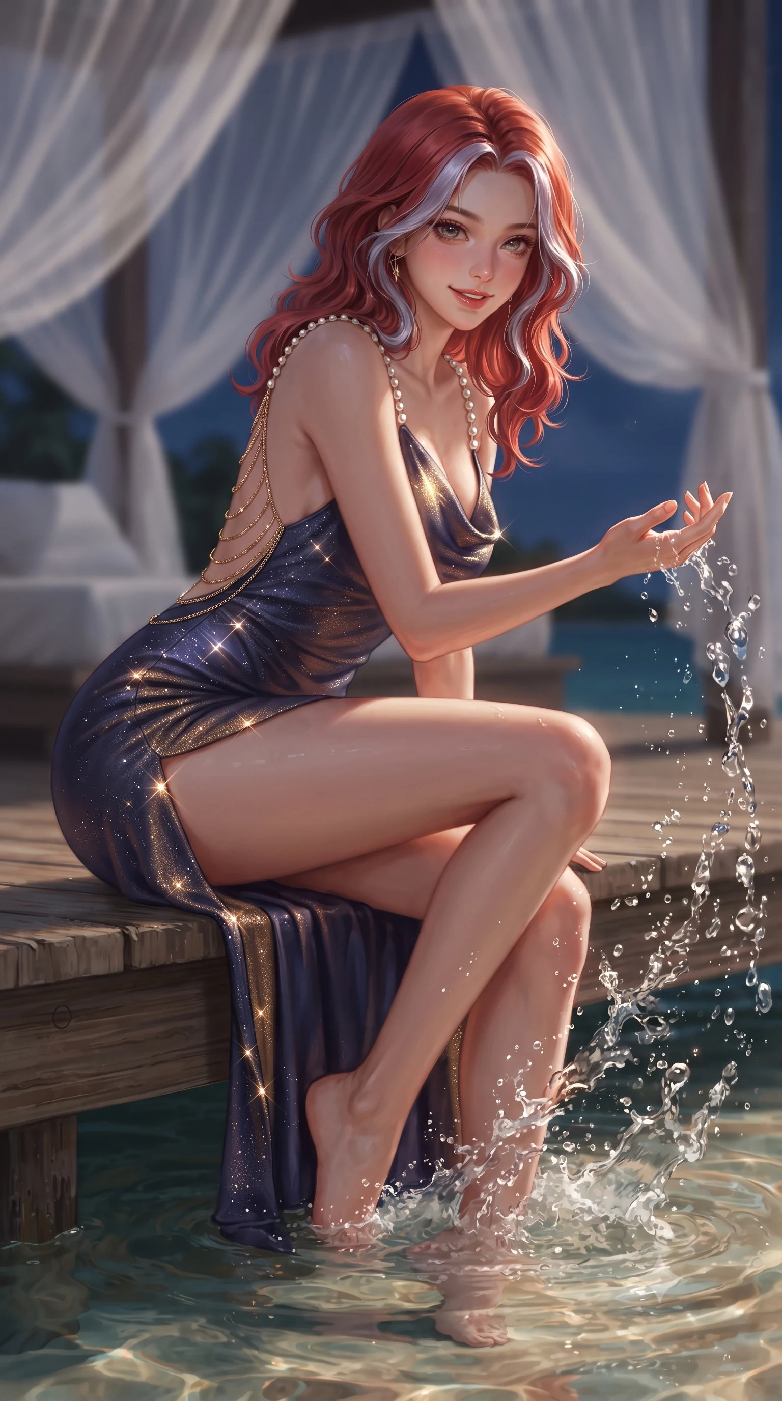 score_9, masterpiece, best quality, ultra-detailed, high-budget anime keyframe, editorial fashion photography, tasteful artistic composition, Caucasian woman. close-up cowboy shot from the waist and thighs up, the character dominates the composition, filling the frame with her large presence. perched sideways on the lounge seat, one knee drawn up to showcase her slender leg line while her arched back accentuates her feminine hip curve while perched sideways on the wooden deck edge with legs dipped in the warm sea, splashing water playfully with a coquettish, teasing smile. The background shows a soft-focus billowing sheer white canopy netting softened in nocturnal island romance shallow focus. She has an exceptionally elegant, slender, and willowy female figure with an ultra-slim waist, flat toned midriff, narrow ribcage, and sculpted feminine hips creating an alluring, slim hourglass silhouette without bulk. sharp v-shaped jawline, high-bridge nose, sparkling eyes with hypnotic seductive depth, thick curled eyelashes, glossy parted lips with a natural dewy peach sheen, alluring bedroom-eyes with an enchanting coquettish smile, exuding magnetic siren charisma and sophisticated glamour, flawlessly proportioned anatomical accuracy, strict slender model proportions, natural body alignment, perfectly sculpted long slender limbs, ultra-slim waistline, clean dynamic posture without body distortion. wearing a plunging cowl-neck liquid silk satin sarong slip dress with daring hip-high double slits and pearl shoulder straps in Austrian opera midnight indigo and antique brass, woven from stretch metallic lurex jersey casting radiant starlight glints across her silhouette, accented with an open-back drape framed by falling strands of delicate gold chains, the precision-cut side openings and low-back scoop framing her graceful spine and the sensual sweep of her slim, toned hips. illuminated by lagoon water surface specular highlights and sharp champagne-gold rim lights defining her delicate clavicles, ultra-slim waist, and curvy hips. ultra-reflective glossy finish, specular highlights, rich textural contrasts, high-contrast stereoscopic depth, volumetric dynamic lighting, 2k, ultra detail, master piece, 9:16 ratio