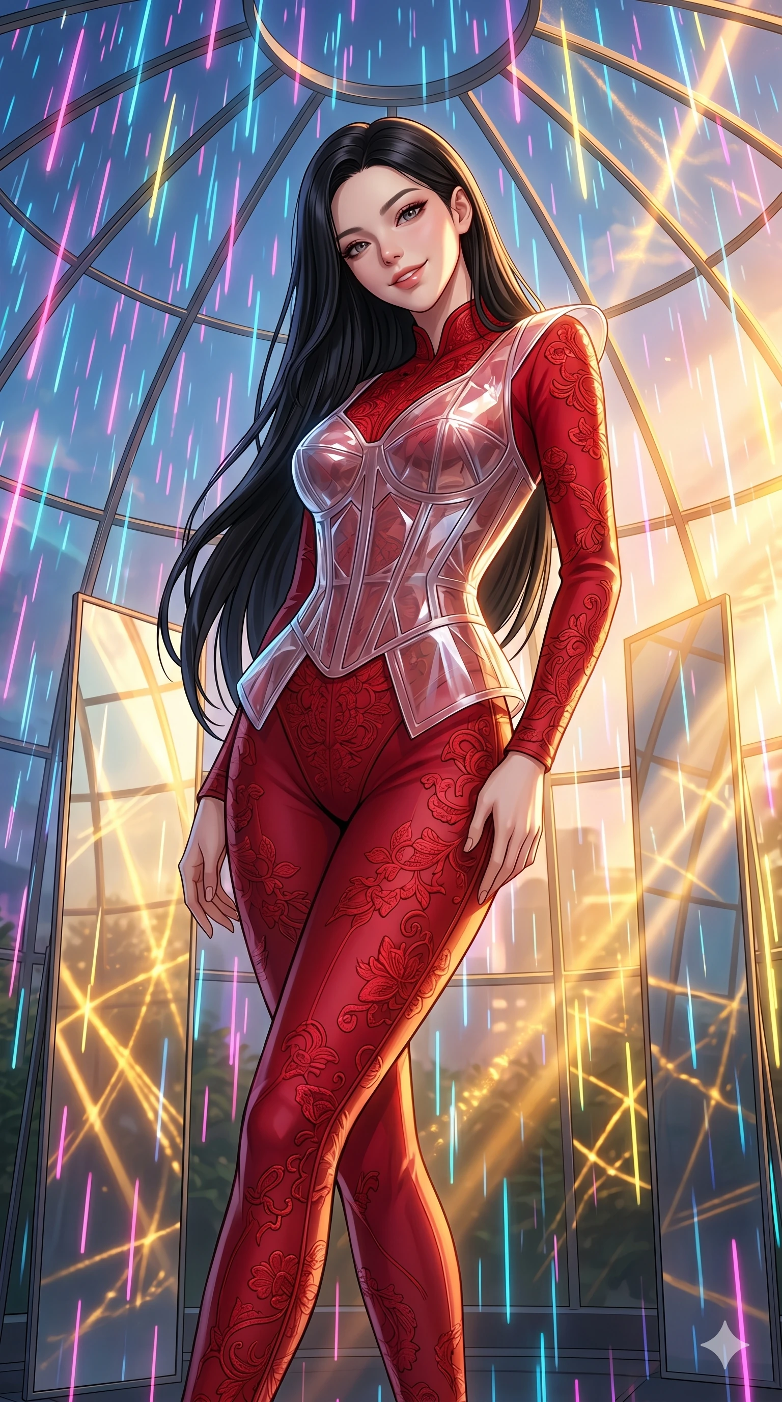 score_9, masterpiece, best quality, ultra-detailed, high-budget anime keyframe, editorial fashion photography, tasteful artistic composition, Korean woman. cowboy shot from the thighs up, character and outfit filling the frame for maximum editorial presence. tilting her head with a playful, composed, magnetic smile inside a futuristic glass greenhouse under a dome of falling neon rain (Code-P18-161). She has an absolutely perfect 8-heads proportion, an exceptionally tall and slender female figure with impossibly long slender legs and an ultra-slim waist. V-shaped jawline, high-bridge nose, intricate jewel-like eyes with depth, thick eyelashes, glossy lips with a natural sheen. wearing a translucent polymer structured bodice over a red patterned embroidery sleek form-fitting suit. warm golden afternoon sunbeams reflecting off the mirrors, casting bright light patterns. 2k, ultra detail, master piece, 9:16 ratio