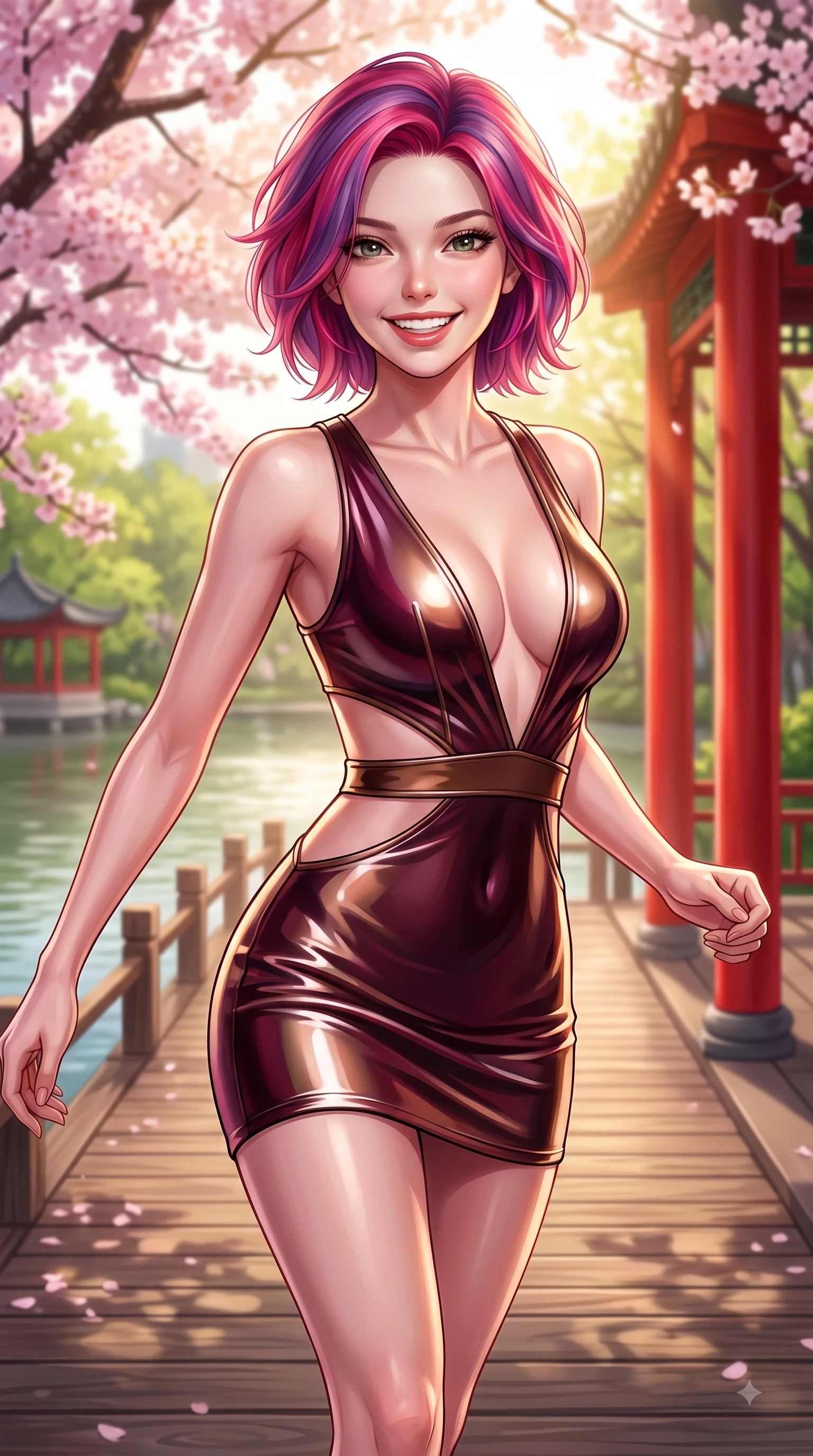score_9, masterpiece, best quality, ultra-detailed, high-budget anime keyframe, editorial fashion photography, tasteful artistic composition, Caucasian woman. close-up cowboy shot from the waist and thighs up, the character dominates the composition, filling the frame with her large presence, background elements kept in soft focus. Gazing directly into the camera with a joyful, infectious smile as her torso curves dynamically in mid-stride while leaping with a beaming happy smile along a wooden lakeside boardwalk lined with sakura trees, red vermilion pavilion columns contrasting vividly with green spring foliage. She has an exceptionally elegant, slender, and willowy female figure with an ultra-slim waist, a gracefully sculpted slender torso, and a refined silhouette. sharp v-shaped jawline, high-bridge nose, intricate jewel-like eyes with depth, thick eyelashes, glossy lips with a natural sheen, flawlessly proportioned anatomical accuracy, natural body alignment, perfectly sculpted elegant limbs, clean dynamic posture without body distortion. wearing a liquid mercury gloss mini dress with ultra-deep V-neck and waist cutouts in deep burgundy and bronze, formed from sleek second-skin neoprene, featuring subtle geometric cutouts that highlight her ultra-slim midriff, the tailored fabric tightly following every curve of her athletic build. bathed in bright morning sunbeams and warm golden sakura backlighting. highly saturated vibrant anime colors, detailed shading with soft gradients, rich glossy textures, high-contrast stereoscopic depth, volumetric dynamic lighting, master piece, 9:16 ratio