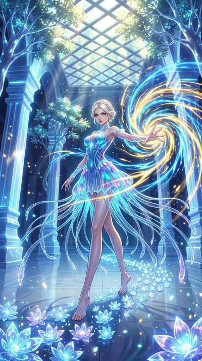 score_9, masterpiece, best quality, ultra-detailed, Set A: High-budget Anime Keyframe, Japanese woman. Low angle cowboy shot filling the entire 9:16 frame with her statuesque presence. Theme: Ethereal Dream. unleashing a massive energy wave in a temp