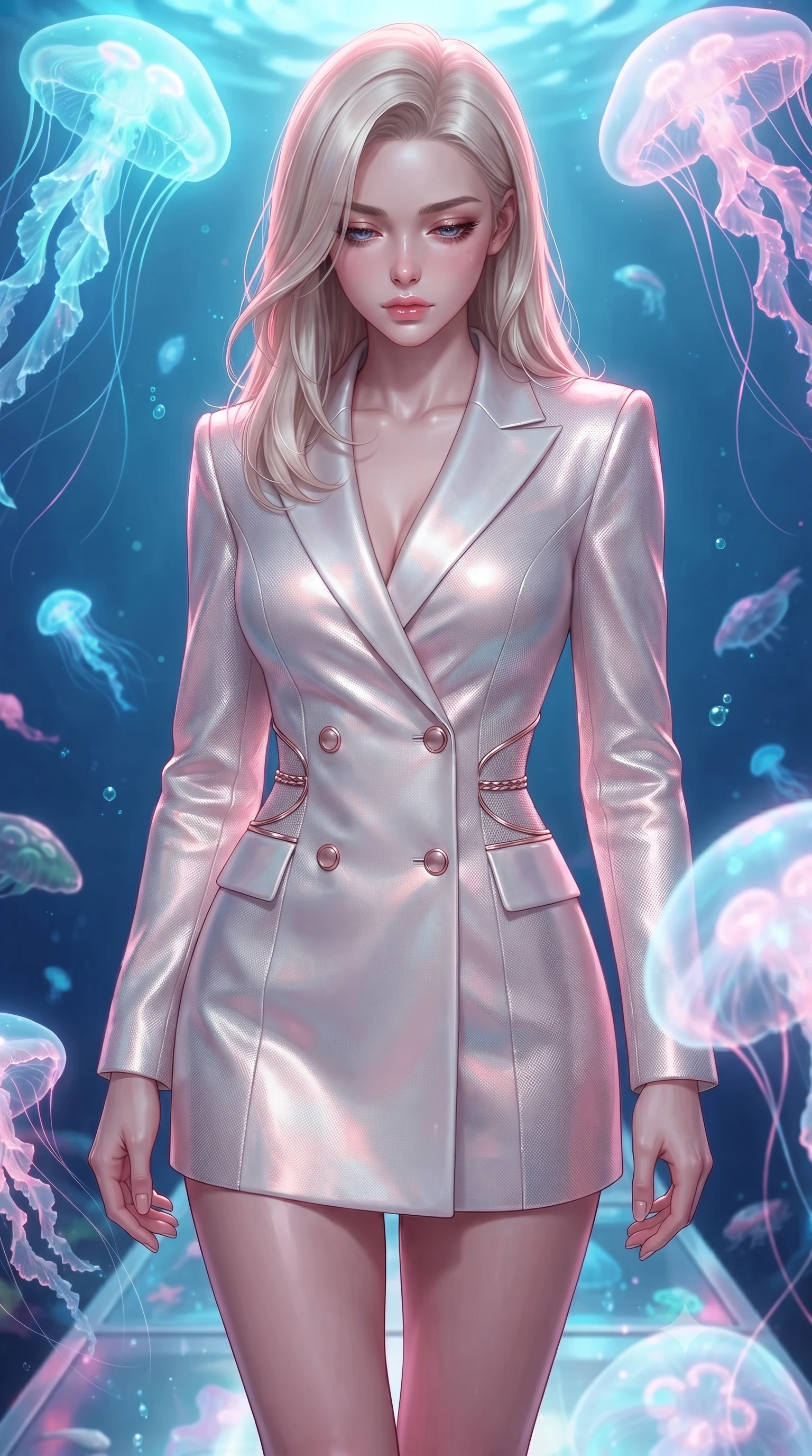 score_9, masterpiece, best quality, ultra-detailed, high-budget anime keyframe, editorial fashion photography, tasteful artistic composition, Caucasian woman. close-up cowboy shot from the waist and thighs up, the character dominates the composition, filling the frame with her large presence, background elements kept in soft focus. Looking down with lowered lashes and a composed, powerful aura, poised on an opal crystal walkway surrounded by floating luminescent sea-spirits, dramatic contrast of luminous pastel creatures against a serene deep blue background. She has an exceptionally elegant, slender, and willowy female figure with an ultra-slim waist, a gracefully sculpted slender torso, and a refined silhouette. sharp v-shaped jawline, high-bridge nose, intricate jewel-like eyes with depth, thick eyelashes, glossy lips with a natural sheen. wearing tailored double-breasted opal white blazer dress in rose-gold pink, made of fine silver contouring mesh, trimmed with rose-gold ring hardware along the waist contours, highlighting her statuesque proportions and ultra-slim waistline. bathed in iridescent cyan and rose-pink light filtering through translucent jellyfish. highly saturated vibrant anime colors, detailed shading with soft gradients, rich glossy textures, high-contrast stereoscopic depth, volumetric dynamic lighting, master piece, 9:16 ratio