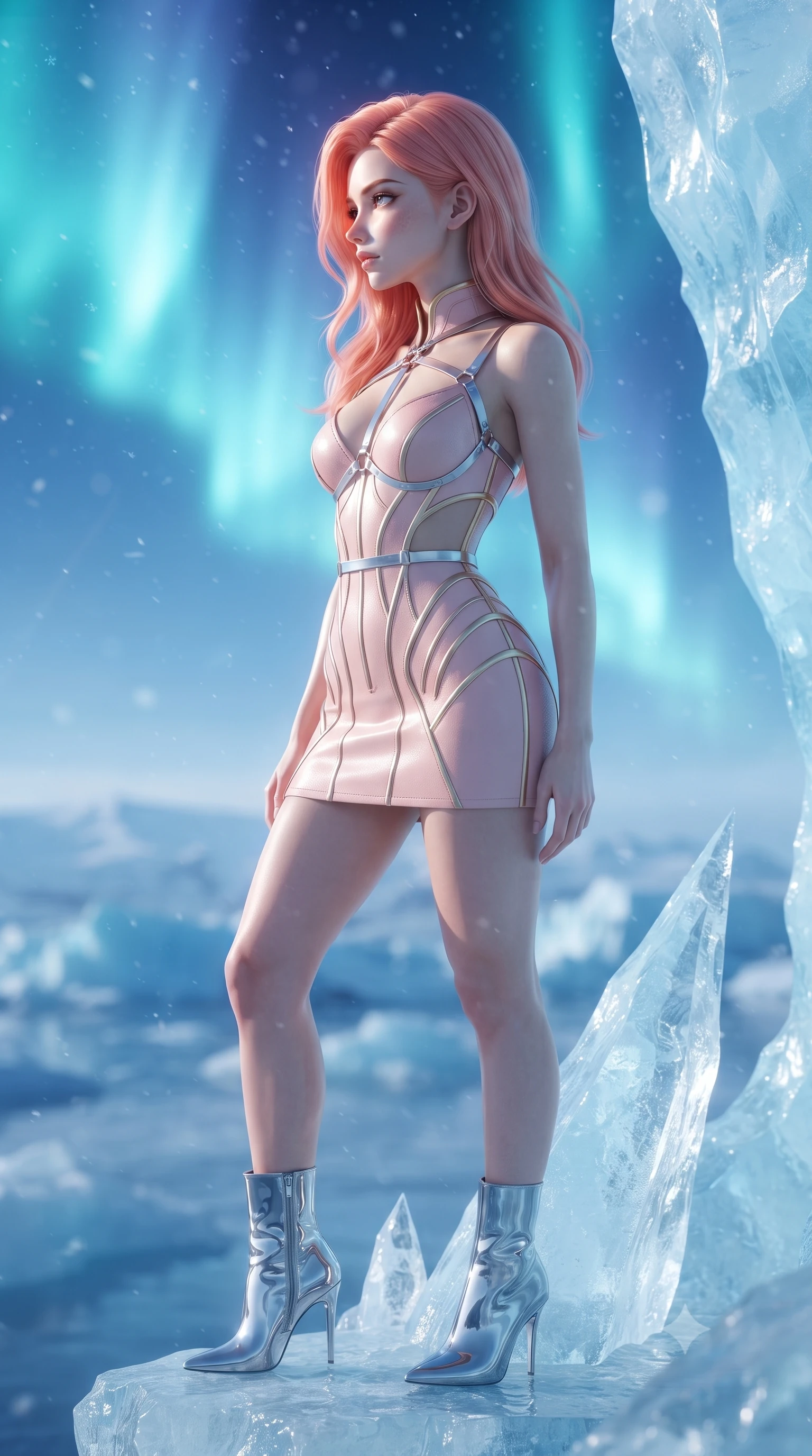 score_9, masterpiece, best quality, ultra-detailed, high-budget anime keyframe, editorial fashion photography, tasteful artistic composition, Japanese woman. close-up cowboy shot from the waist and thighs up, the character dominates the composition, filling the frame with her large presence, background elements kept in soft focus. Turning her face in sharp dramatic profile against the radiant light, standing atop a razor-sharp crystal ice spire under a blazing polar aurora sky, fine frost dust floating in the crystal-clear sub-zero air. She has an exceptionally elegant, slender, and willowy female figure with an ultra-slim waist, a gracefully sculpted slender torso, and a refined silhouette. sharp v-shaped jawline, high-bridge nose, intricate jewel-like eyes with depth, thick eyelashes, glossy lips with a natural sheen. wearing architectural cut-out pale pink leather mini dress with sculpted gold boning in champagne gold, made of sculpted platinum chrome, highlighted by a platinum metallic harness structure, following her slender form with tailored precision. lit by intense icy blue key light emerging from translucent glacial ice. highly saturated vibrant anime colors, detailed shading with soft gradients, rich glossy textures, high-contrast stereoscopic depth, volumetric dynamic lighting, master piece, 9:16 ratio