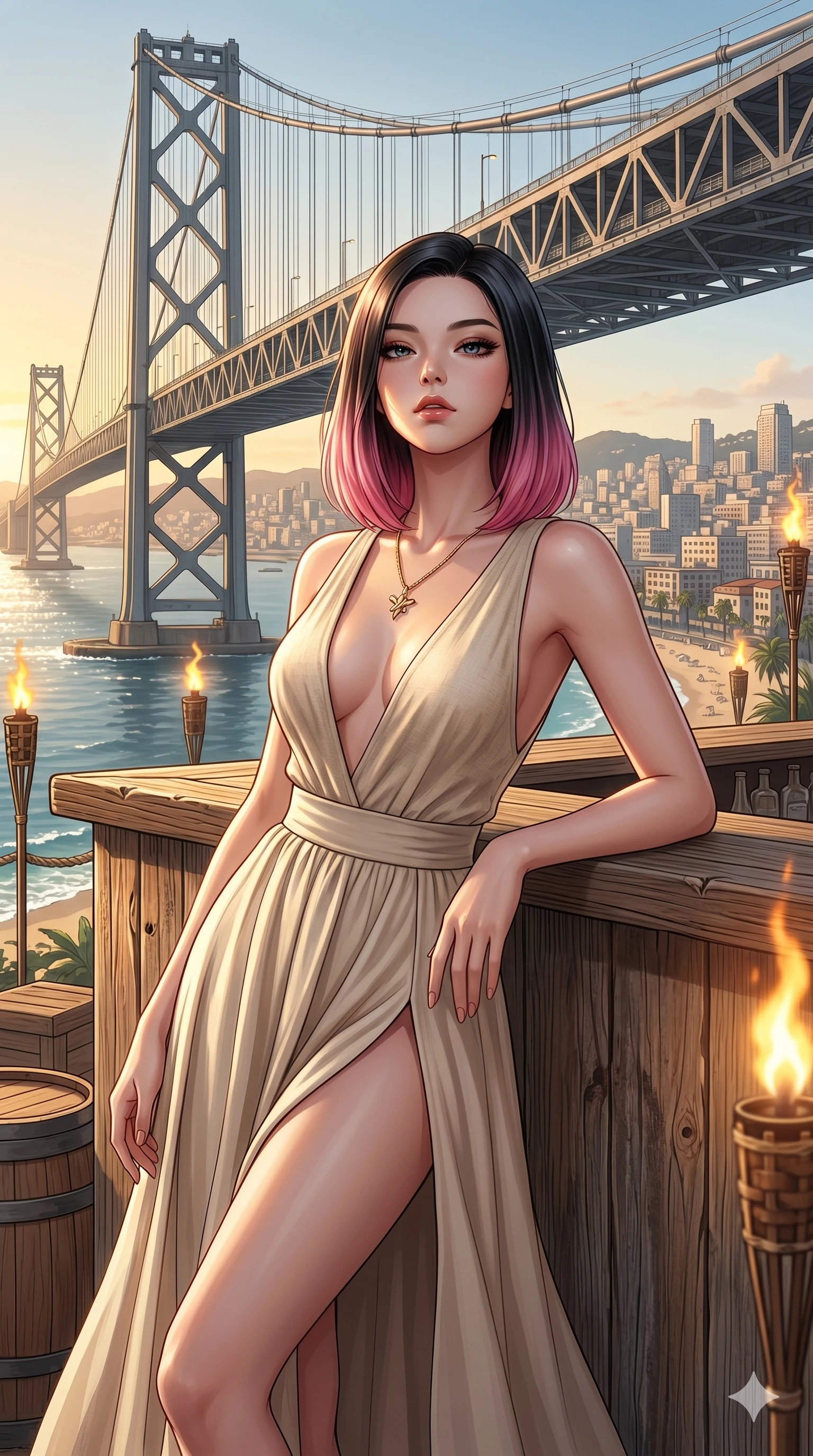 score_9, masterpiece, best quality, ultra-detailed, high-budget anime keyframe, editorial fashion photography, tasteful artistic composition, Korean woman. cowboy shot from the thighs up, character and outfit filling the frame for maximum editorial presence. leaning against a beach bar, casting a cool, superior gaze beneath her lashes on a steel suspension bridge overlooking a sunlit coastal city (Code-P19-080). She has an absolutely perfect 8-heads proportion, an exceptionally tall and slender female figure with impossibly long slender legs and an ultra-slim waist. V-shaped jawline, high-bridge nose, intricate jewel-like eyes with depth, thick eyelashes, glossy lips with a natural sheen. wearing a resort wear set featuring a plunging neckline top in organic linen and a high-slit maxi skirt. warm firelight casting dancing shadows and a soft golden glow over her features. 2k, ultra detail, master piece, 9:16 ratio