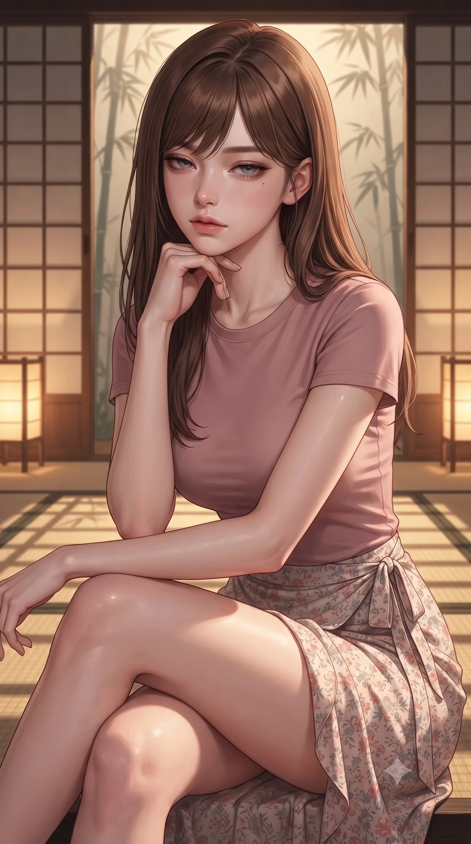 score_9, masterpiece, best quality, ultra-detailed, high-budget anime keyframe, editorial fashion photography, tasteful artistic composition, Korean woman woman. close-up cowboy shot from the waist and thighs up, the character dominates the composition, filling the frame with her large presence, background elements kept in soft focus. resting her chin on the backs of her fingers, casting a heavy-lidded, sultry look past the camera the background shows a soft-focus a traditional tatami room with slide paper screen doors showing a silhouette of bamboo. She has an exceptionally elegant, slender, and willowy female figure with an ultra-slim waist, a gracefully sculpted slender torso, and a refined silhouette. sharp v-shaped jawline, high-bridge nose, intricate jewel-like eyes with depth, thick eyelashes, glossy lips with a natural sheen. wearing a form-contouring simple crewneck t-shirt in dusty pink paired with a floral print wrap skirt. warm golden light of paper lanterns casting horizontal grid-like shadows across the floor. ultra-reflective glossy finish, specular highlights, metallic sheen, high-contrast stereoscopic depth, volumetric dynamic lighting, 2k, ultra detail, master piece, 9:16 ratio