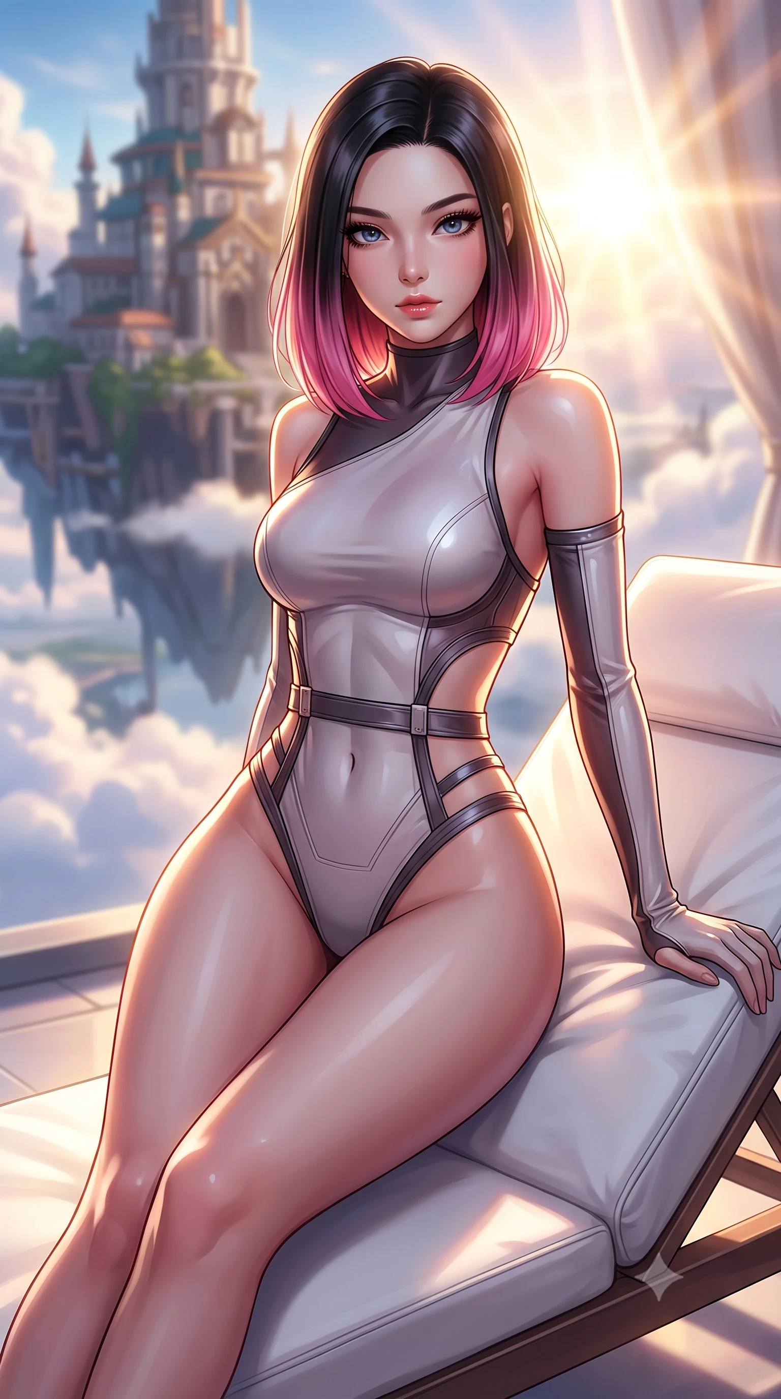 score_9, masterpiece, best quality, ultra-detailed, high-budget anime keyframe, editorial fashion photography, tasteful artistic composition, Korean woman. close-up cowboy shot from the waist and thighs up, the character dominates the composition, filling the frame with her large presence, background elements kept in soft focus. Leaning slightly forward with a composed, seductive gaze under soft glowing light resting on a luxurious white lounge chair overlooking a floating sky island, golden hour sunbursts creating a majestic rim lighting effect. She has an exceptionally elegant, slender, and willowy female figure with an ultra-slim waist, a gracefully sculpted slender torso, and a refined silhouette. sharp v-shaped jawline, high-bridge nose, intricate jewel-like eyes with depth, thick eyelashes, glossy lips with a natural sheen. wearing an asymmetrical high-cut tech-bodysuit with detached sleeves and waist-framing straps, the glove-like fit emphasizing her statuesque silhouette. lit by brilliant warm key light softening into smooth, elegant gradients. highly saturated vibrant anime colors, detailed shading with soft gradients, rich glossy textures, high-contrast stereoscopic depth, volumetric dynamic lighting, master piece, 9:16 ratio