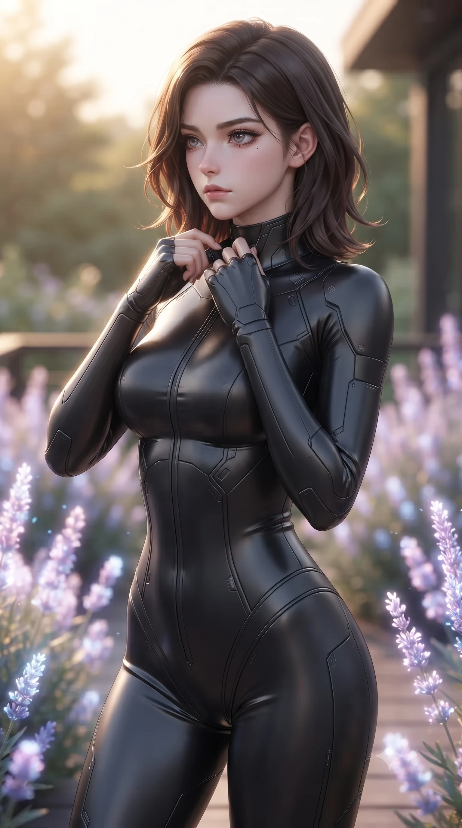 score_9, masterpiece, best quality, ultra-detailed, high-budget anime keyframe, editorial fashion photography, tasteful artistic composition, Korean woman. close-up cowboy shot from the waist and thighs up, the character dominates the composition, filling the frame with her large presence, background elements kept in soft focus. adjusting the high collar of her body-hugging suit, looking past the camera with quiet, sharp focus and a composed expression, the background shows a soft-focus a private garden deck at a retreat, surrounded by wild holographic lavender bushes. She has an exceptionally elegant, slender, and willowy female figure with an ultra-slim waist, a gracefully sculpted slender torso, and a refined silhouette. sharp v-shaped jawline, high-bridge nose, intricate jewel-like eyes with depth, thick eyelashes, glossy lips with a natural sheen. wearing a form-contouring form-fitting cybernetic combat suit in matte black latex, tracing her willowy silhouette with a high neck. soft golden afternoon sunbeams, casting a peaceful country glow. ultra-reflective glossy finish, specular highlights, metallic sheen, high-contrast stereoscopic depth, volumetric dynamic lighting, 2k, ultra detail, master piece, 9:16 ratio
