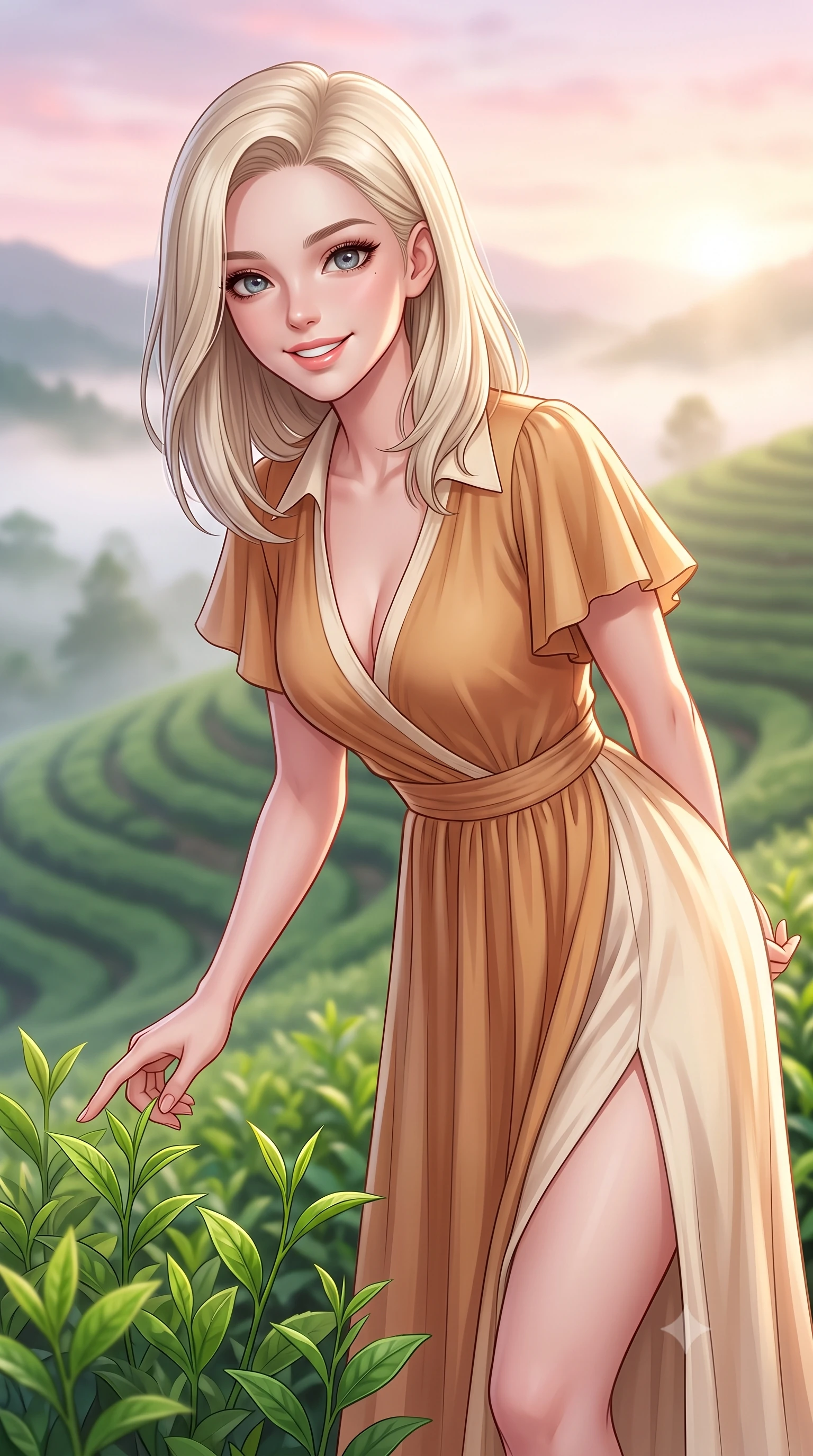 score_9, masterpiece, best quality, ultra-detailed, high-budget anime keyframe, semi-realistic 3D game render, editorial fashion photography, tasteful artistic composition, Caucasian woman. close-up cowboy shot from the waist and thighs up, the character dominates the composition, filling the frame with her large presence. clasping her hands behind her back and leaning forward playfully with a sweet, innocent girlhood expression while gently touching tender fresh green tea shoots with a bright, refreshed morning smile into the camera. The composition keeps background elements in soft focus with creamy bokeh. curling morning mist layers and terraced emerald tea ridges blurred into soft pastel green and golden dawn bokeh. She has an exceptionally elegant, slender, and willowy female figure with an ultra-slim waist, a gracefully sculpted slender torso, toned flat midriff, and a refined slim silhouette. sharp v-shaped jawline, high-bridge nose, intricate jewel-like eyes with depth, thick eyelashes, glossy lips with a natural sheen, pure and lovely fresh girlhood expression, flawlessly proportioned anatomical accuracy, strict slender model proportions, natural body alignment, perfectly sculpted long slender limbs, ultra-slim waistline, clean dynamic posture without body distortion. wearing a flowy silk-chiffon maxi dress with a gentle side slit and fluttering hemline in warm caramel and cream vanilla, tailored from crisp organic cotton poplin, featuring elegant flutter sleeves and a graceful open collar, the relaxed yet flattering fit accentuating her naturally graceful and slender figure, highlighting her youthful charm and lovely silhouette. bathed in soft pastel pink and golden dawn sunrise light breaking through rolling morning mist. highly saturated vibrant anime colors, detailed shading with soft gradients, rich glossy textures, high-contrast stereoscopic depth, volumetric dynamic lighting, master piece, 9:16 ratio