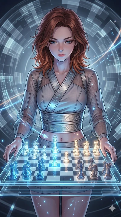 score_9, masterpiece, best quality, ultra-detailed, high-budget anime keyframe, Korean woman. Upper body close-up from the thighs up, character filling the screen for maximum presence. Inside a digital void, next to a floating glass chess board, lean