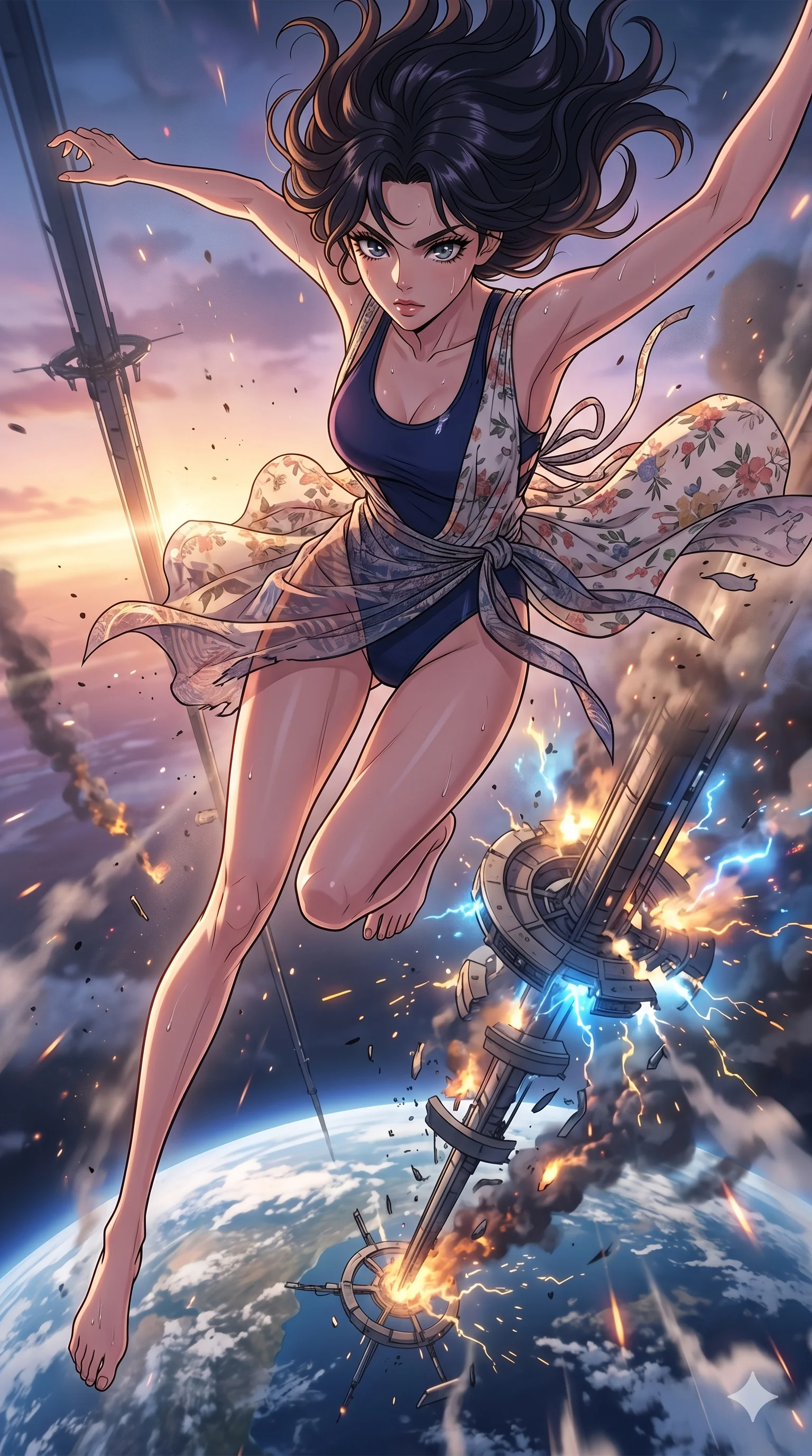 score_9, masterpiece, best quality, ultra-detailed, high-budget anime movie keyframe, cinematic anime lighting, intricate line art, Korean anime girl. Extreme high angle shot as she leaps towards the camera, filling the frame. escaping a collapsing space elevator as it falls towards the planet. She has an absolutely perfect 8-heads proportion, an exceptionally tall and slender female figure with an ultra-slim waist and impossibly long slender legs. strictly human anatomy, two legs only, no extra limbs, clearly defined legs and arms, perfect anatomy, perfect hands and fingers. sharp v-shaped jawline, high-bridge nose, intricate jewel-like eyes, thick eyelashes, glossy lips. Wearing Seasonal/Resort: High-cut one-piece with sarong, linen sundress with tie-back, and sheer fabric wrap. The scene is illuminated by dramatic atmospheric lighting and vibrant color palettes. , 2k, ultra detail, master piece, 9:16 ratio