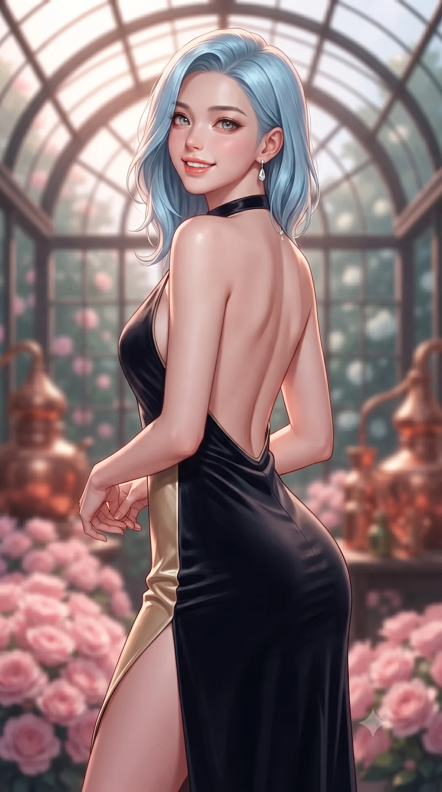 score_9, masterpiece, best quality, ultra-detailed, high-budget anime keyframe, editorial fashion photography, tasteful artistic composition, Korean woman. close-up cowboy shot from the waist and thighs up, the character dominates the composition, filling the frame with her large presence. posing in an alluring rear three-quarter angle, looking over a bare shoulder with parted glossy lips, her hips cocked back to highlight her slim hourglass curve while standing poised beneath the vaulted iron-and-glass greenhouse roof surrounded by thousands of fragrant May roses, arching her lower back with magnetic seductive grace. The background shows a soft-focus mounds of fresh pink centifolia rose petals, polished antique copper perfumery stills, and moonlit olive groves through glass blurred into blush pink, copper, and emerald bokeh. She has an exceptionally elegant, slender, and willowy female figure with an ultra-slim waist, flat toned midriff, narrow ribcage, and sculpted feminine hips creating an alluring, slim hourglass silhouette without bulk. sharp v-shaped jawline, high-bridge nose, intricate jewel-like sparkling eyes with depth, thick eyelashes, glossy parted lips with a natural peach sheen, bright cheerful beaming smile with an enchanting and coquettish sensual glint, exuding both youthful cute charm and seductive allure, flawlessly proportioned anatomical accuracy, strict slender model proportions, natural body alignment, perfectly sculpted long slender limbs, ultra-slim waistline, clean dynamic posture without body distortion. wearing a backless halterneck cocktail dress with deep scoop back down to her lower spine and thigh-high slit in deep midnight obsidian black and champagne gold, tailored from ultra-plush silk velvet with rich tactile depth and deep shadow gradients, finished with a thin velvet ribbon choker and a single teardrop diamond pendant, the impeccably tailored cut draping gracefully along her slender figure with aristocratic poise. illuminated by copper reflection bounce and sharp rose-gold rim lights sculpting her features, flat midriff, and slender waist. ultra-reflective glossy finish, specular highlights, rich textural contrasts, high-contrast stereoscopic depth, volumetric dynamic lighting, 2k, ultra detail, master piece, 9:16 ratio