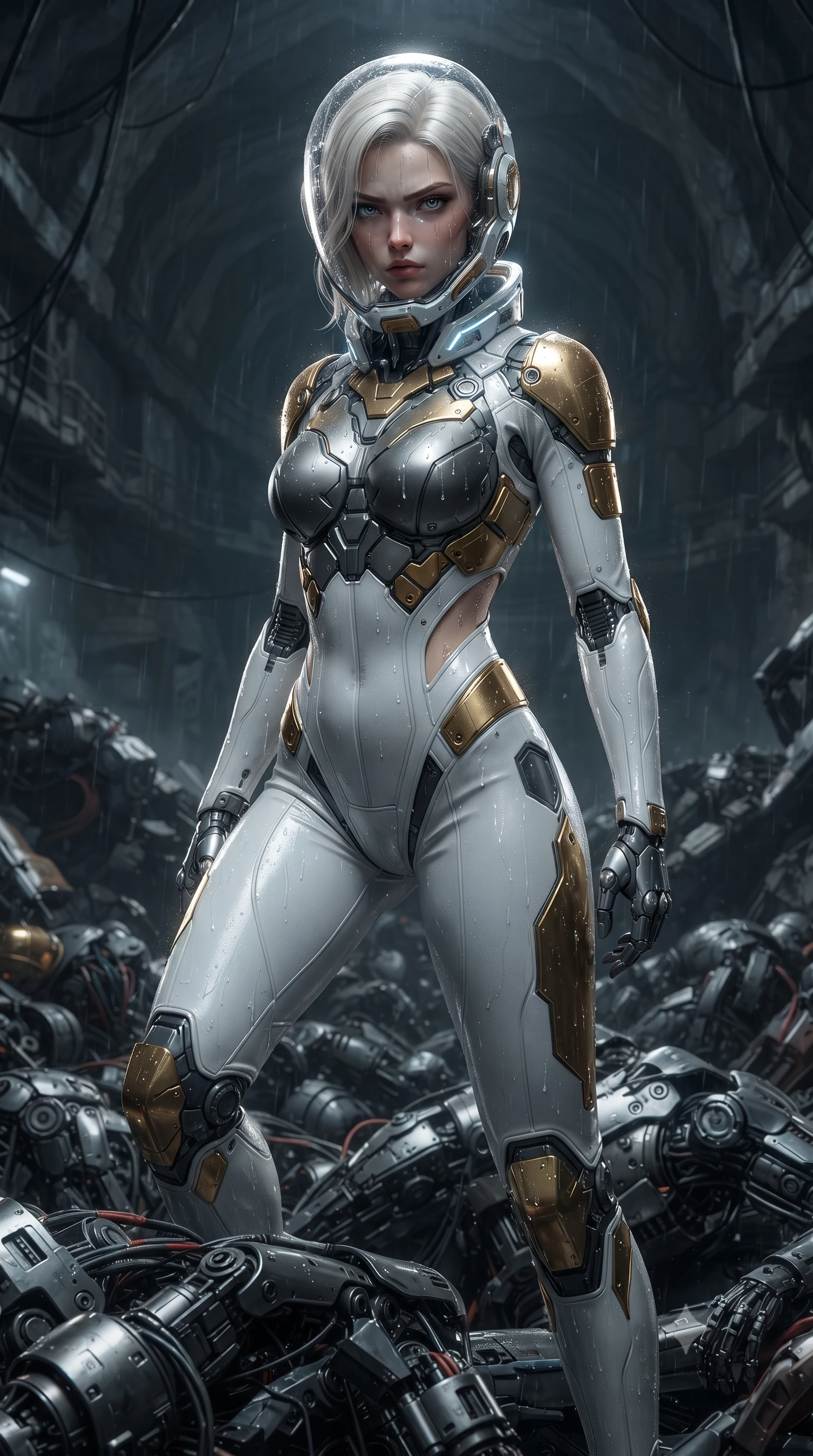 score_9, masterpiece, best quality, ultra-detailed, high-budget anime keyframe, editorial fashion photography, tasteful artistic composition, Caucasian woman. close-up cowboy shot from the waist and thighs up, the character dominates the composition, filling the frame with her large presence. tilting her head slightly with solemn warrior composure, sweat and rain glistening on her sculpted collarbones and high-bridge nose while standing poised atop a mountain of discarded cybernetic android chassis in a vast subterranean industrial cavern. The surrounding environment is rendered in vivid detail and crisp panoramic clarity. intricate knuckle shock-absorber joints, cavern stone strata, and wire bundles in high resolution. She has an exceptionally elegant, slender, and willowy female figure with an ultra-slim waist, a gracefully sculpted slender torso, toned flat midriff, and a refined slim silhouette. sharp v-shaped jawline, high-bridge nose, intricate jewel-like eyes with depth, thick eyelashes, glossy lips with a natural sheen, fierce and resolute heroine expression, flawlessly proportioned anatomical accuracy, strict slender model proportions, natural body alignment, perfectly sculpted long slender limbs, ultra-slim waistline, clean dynamic posture without body distortion. wearing a crystal-clear transparent armored riot-visor helmet showing her entire beautiful face and determined expression with pristine clarity, paired with a form-contouring high-mobility battle-suit featuring sculpted carbon chest plating, diagonal midriff ventilation cutouts, and kinetic knee vambraces in arctic white carbon composite with scratched solar gold armor plating, made of liquid carbon-jersey fabric accentuating every curve of her tall, slender model proportions, featuring a sleek aerodynamic collar framed by subtle glowing cybernetic status LEDs, the glove-like aerodynamic second-skin fit tightly clinging to her ultra-slender waist and athletic curves without adding bulk, accentuating her razor-sharp statuesque lines and slim hourglass silhouette. surrounded by a gritty, dangerous, and irresistibly powerful cybernetic queen of the underworld aura. ultra-reflective glossy finish, specular highlights, dark metallic sheen, high-contrast stereoscopic depth, volumetric dynamic lighting, 2k, ultra detail, master piece, 9:16 ratio