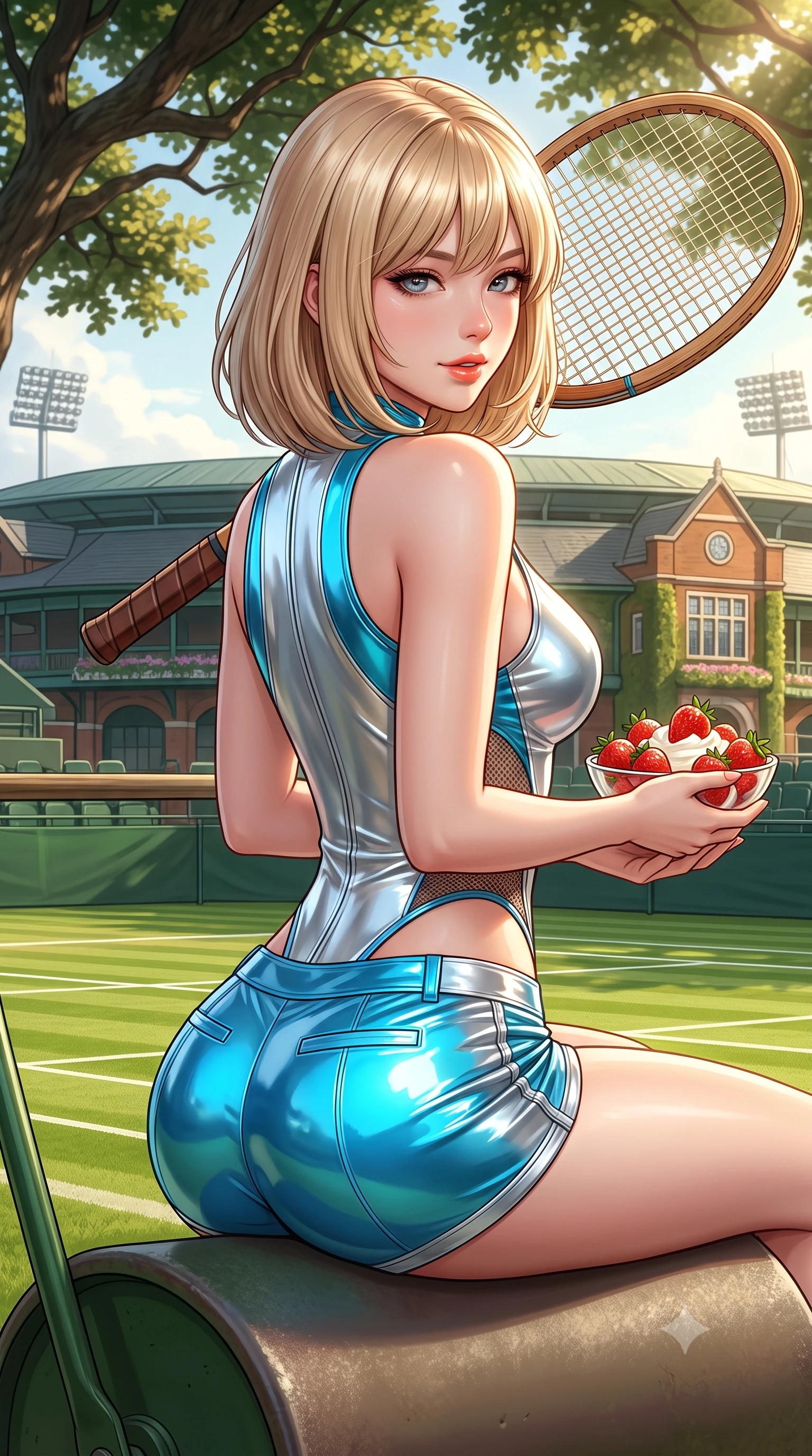 score_9, masterpiece, best quality, ultra-detailed, high-budget anime keyframe, semi-realistic 3D game render, editorial fashion photography, tasteful artistic composition, Japanese woman. close-up cowboy shot from the waist and thighs up, the character dominates the composition, filling the frame with her large presence. posing in an alluring rear three-quarter angle, turning over a bare shoulder with an intoxicating gaze, her hips cocked back to highlight her slim hourglass curve against the paddock lights while sitting gracefully on the grass court roller with legs extended, holding a bowl of fresh strawberries and cream with effortless old-money charm. The surrounding environment is rendered in vivid detail and crisp panoramic clarity: detailed white cable-knit texture, sunburst highlights on hair, and Wimbledon heritage architecture in razor-sharp precision. She has an exceptionally elegant, slender, and willowy female figure with an ultra-slim waist, flat toned midriff, narrow ribcage, and sculpted feminine hips creating an alluring, slim hourglass silhouette without bulk. sharp v-shaped jawline, high-bridge nose, sparkling eyes with athletic focus and depth, thick curled eyelashes, glossy parted lips with a natural coral-peach sheen, bright confident and coquettish smile with alluring bedroom-eyes, exuding both youthful sporty vigor and sovereign high-society glamour, flawlessly proportioned anatomical accuracy, strict slender model proportions, natural body alignment, perfectly sculpted long slender limbs, ultra-slim waistline, clean dynamic posture without body distortion. wearing a cut-out racing bodysuit with side-torso mesh inserts and low-rise tailored tennis shorts in metallic liquid silver and electric cyan, made of high-gloss reflective patent leather with mirror-like specular highlights, featuring a vintage wooden tennis racket held casually over one shoulder, the glove-like aerodynamic silhouette tightly following the natural contour of her hips and long slender legs with youthful 8.5-heads elegance. bathed in soft warm English afternoon sunlight filtering through stately oak trees. highly saturated vibrant anime colors, detailed shading with soft gradients, rich glossy textures, high-contrast stereoscopic depth, volumetric dynamic lighting, master piece, 9:16 ratio