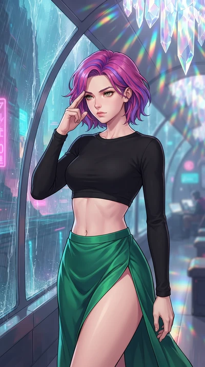 score_9, masterpiece, best quality, ultra-detailed, high-budget anime keyframe, gorgeous anime illustration, with clean line-art and distinct ink outlines, Caucasian woman, strictly human ears. close-up cowboy shot from the waist and thighs up, the c
