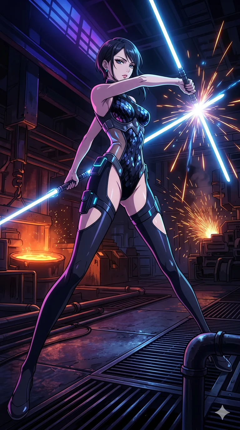 score_9, masterpiece, best quality, ultra-detailed, High-budget Anime Keyframe, vibrant colors, fluid line-art, expressive lighting, cinematic composition, Ufotable-style visual effects, top-tier animation quality, Japanese woman with delicate and elegant anime-inspired features. Dynamic full-body shot stretching the vertical silhouette, capturing her from a powerful low-angle perspective. Wielding a dual-bladed light-saber in a high-stakes duel within an underground cyber-arena, sparks flying as she deflects incoming attacks. She has an absolutely perfect 8-heads proportion, an exceptionally tall and slender female figure with impossibly long slender legs and an ultra-slim waist, her statuesque height and towering silhouette dominating the vertical 9:16 frame. Her face is a masterpiece featuring a sharp v-shaped jawline, high-bridge nose, intricate jewel-like eyes with depth, thick eyelashes, and glossy lips with a natural sheen. She is wearing a High-cut leotard with metallic plating and translucent PVC panels on the sides crafted from Obsidian-glass scales that shimmer with a dark, crystalline brilliance, with integrated neon-lit tactical gear and suggestive cutouts on the thighs. The scene is set in a gritty industrial factory with glowing molten metal, flying sparks, and deep shadows, illuminated by harsh neon light and deep shadows creating a high-contrast noir aesthetic. 2k, ultra detail, master piece, 9:16 ratio