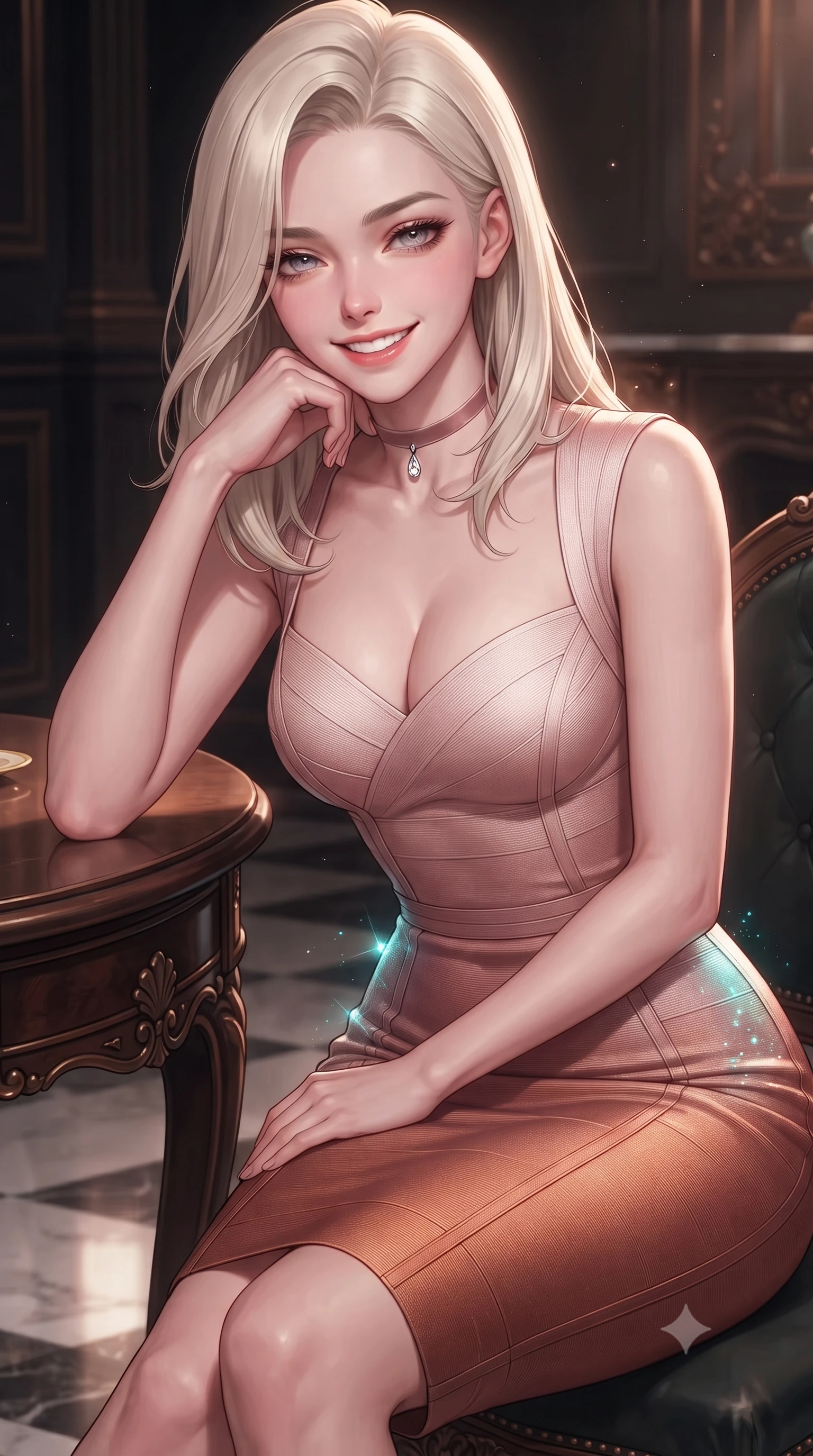 score_9, masterpiece, best quality, ultra-detailed, high-budget anime keyframe, editorial fashion photography, tasteful artistic composition, Caucasian woman. close-up cowboy shot from the waist and thighs up, the character dominates the composition, filling the frame with her large presence. resting one elbow on the table and supporting her chin, leaning close to the camera with heavy-lidded sparkling eyes and parted lips while twisting her slender torso in an alluring contrapposto stance, shimmering turquoise and topaz stained-glass light caressing her narrow waist and curvy hips. The surrounding environment is rendered in vivid detail and crisp panoramic clarity: detailed garment folds, intricate lace or tailored seams, and master Secessionist craft in razor-sharp precision. She has an exceptionally elegant, slender, and willowy female figure with an ultra-slim waist, flat toned midriff, narrow ribcage, and sculpted feminine hips creating an alluring, slim hourglass silhouette without bulk. sharp v-shaped jawline, high-bridge nose, intricate jewel-like sparkling eyes with depth, thick eyelashes, glossy parted lips with a natural peach sheen, bright cheerful beaming smile with an enchanting and coquettish sensual glint, exuding both youthful cute charm and seductive allure, flawlessly proportioned anatomical accuracy, strict slender model proportions, natural body alignment, perfectly sculpted long slender limbs, ultra-slim waistline, clean dynamic posture without body distortion. wearing a dense bandage knit pencil dress with sweetheart neckline contouring her delicate ribcage and hips in rose-quartz blush and burnished copper, crafted from bespoke double-faced cashmere with an exceptionally soft tactile finish, finished with a thin velvet ribbon choker and a single teardrop diamond pendant, the second-skin tailored fabric adhering flawlessly to her sculpted flat midriff and slender torso, emphasizing her long leg lines and perfectly proportioned willowy build. illuminated by marble floor reflection bounce and sharp rose-gold rim lights sculpting her jawline, narrow waist, and curvy hips. ultra-reflective glossy finish, specular highlights, rich textural contrasts, high-contrast stereoscopic depth, volumetric dynamic lighting, 2k, ultra detail, master piece, 9:16 ratio