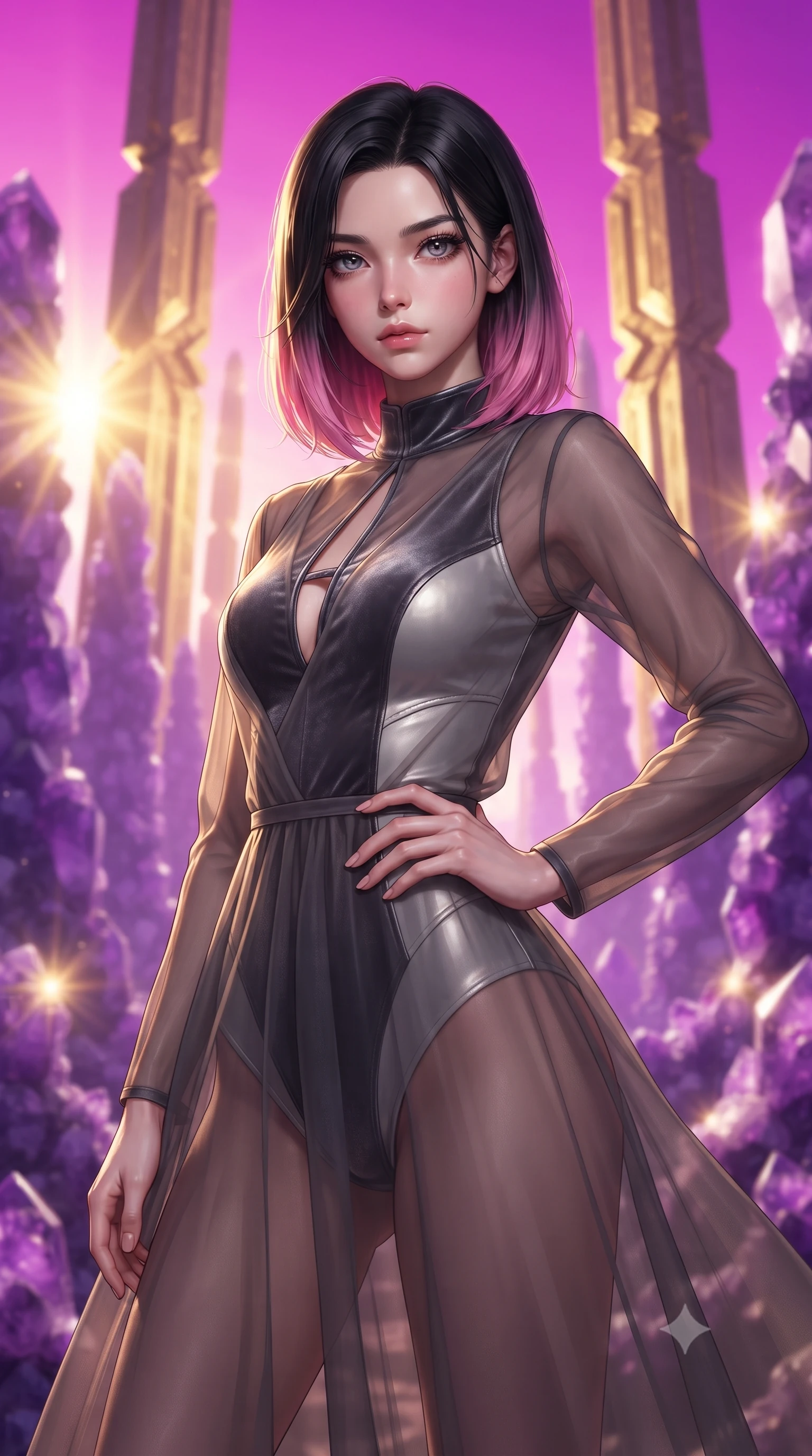 score_9, masterpiece, best quality, ultra-detailed, high-budget anime keyframe, editorial fashion photography, tasteful artistic composition, Korean woman. close-up cowboy shot from the waist and thighs up, the character dominates the composition, filling the frame with her large presence, background elements kept in soft focus. Holding a confident power pose with one hand on her hip, gazing directly into the camera with quiet intensity walking through a canyon of purple amethyst spires scattering sunbursts, golden fractal geometric pillars rising majestically into a magenta sky. She has an exceptionally elegant, slender, and willowy female figure with an ultra-slim waist, a gracefully sculpted slender torso, and a refined silhouette. sharp v-shaped jawline, high-bridge nose, intricate jewel-like eyes with depth, thick eyelashes, glossy lips with a natural sheen. wearing a semi-opaque sheer overlay dress over a leather micro-bodysuit in charcoal grey and platinum, made of premium stretch velvet with a rich sheen, accented with a Tasteful chest slit framing her clavicle gracefully, the tailored fabric tightly following every curve of her athletic build. illuminated by dramatic golden sunset key light and rich purple ambient fill. ultra-reflective glossy finish, specular highlights, metallic sheen, high-contrast stereoscopic depth, volumetric dynamic lighting, 2k, ultra detail, master piece, 9:16 ratio