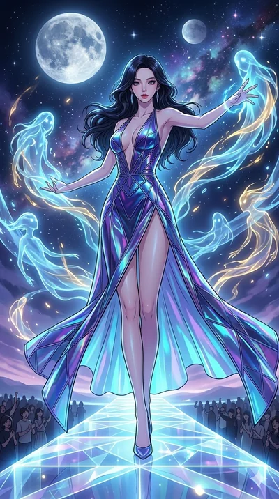 score_9, masterpiece, best quality, ultra-detailed, high-budget anime movie keyframe, cinematic anime lighting, intricate line art, Japanese woman. Low angle cowboy shot filling the entire 9:16 frame with her statuesque presence. summoning mystical s