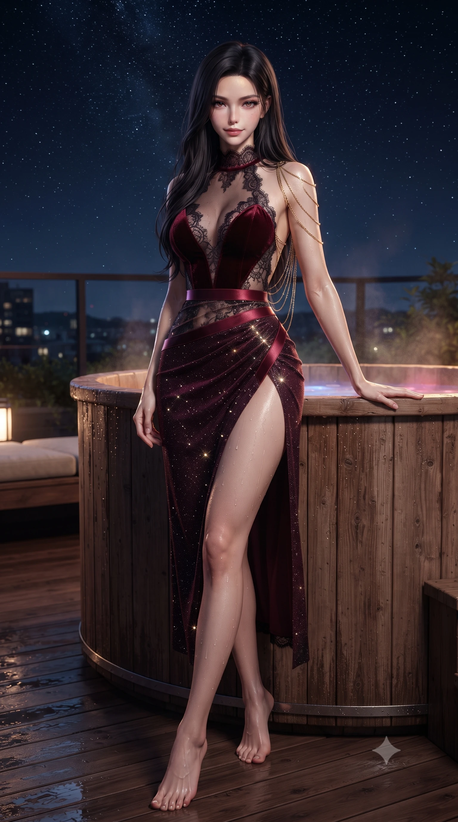 score_9, masterpiece, best quality, ultra-detailed, high-budget anime keyframe, editorial fashion photography, tasteful artistic composition, Korean woman. low angle full-body shot from head to toe showing her feet, filling the entire 9:16 vertical frame with her statuesque presence, stretching her vertical silhouette. stepping slowly toward the camera with hypnotic grace, hips swaying in an alluring sensual rhythm that accentuates her curvy hourglass silhouette and long slender legs while leaning against the rustic cedar tub rim with hips cocked back, looking into the lens with an intoxicating, smoldering half-smile. The surrounding environment is rendered in vivid detail and crisp panoramic clarity: detailed wet-look garment cling, delicate waist chain shine, and open-air rooftop deck architecture in high resolution. She has an absolutely perfect, statuesque 8.5-heads proportion, an exceptionally tall and slender model-like female figure with impossibly long slender legs, an ultra-slim waist, a flat toned midriff, narrow delicate ribcage, and beautifully sculpted feminine hips creating a graceful, slim hourglass silhouette without any bulky heaviness. sharp v-shaped jawline, high-bridge nose, sparkling eyes with hypnotic seductive depth, thick curled eyelashes, glossy parted lips with a natural dewy peach sheen, alluring bedroom-eyes with an enchanting coquettish smile, exuding magnetic siren charisma and sophisticated high-fashion glamour, flawlessly proportioned anatomical accuracy, strict slender model proportions, natural body alignment, perfectly sculpted long slender limbs, ultra-slim waistline, clean dynamic posture without body distortion. wearing a provocative high-neck sheer illusion cocktail dress with liquid satin ribbons contouring her curves in deep bordeaux velvet and delicate black chantilly, woven from stretch metallic lurex jersey casting radiant starlight glints across her silhouette, accented with an open-back drape framed by falling strands of delicate gold chains, the high-slit wrap tailoring accentuating her ultra-slim waistline and the enchanting curve of her feminine hips with alluring seductive charm. bathed in warm underwater tub LED glow combined with celestial starry night ambient fill. ultra-reflective glossy finish, specular highlights, rich textural contrasts, high-contrast stereoscopic depth, volumetric dynamic lighting, 2k, ultra detail, master piece, 9:16 ratio