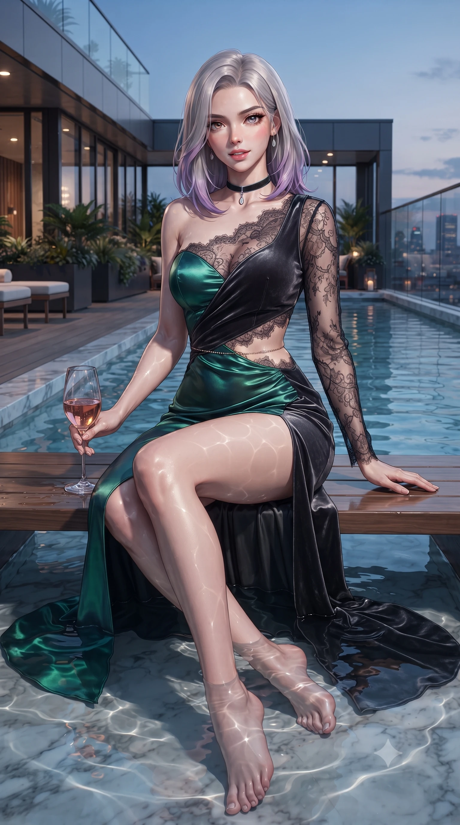 score_9, masterpiece, best quality, ultra-detailed, high-budget anime keyframe, editorial fashion photography, tasteful artistic composition, Caucasian woman. low angle full-body shot from head to toe showing her feet, filling the entire 9:16 vertical frame with her statuesque presence, stretching her vertical silhouette. sitting poised on the marble pool stairs with water lapping at her thighs, arching her spine with supermodel elegance as she glances upward through thick eyelashes while sitting gracefully on the submerged wooden bench with water up to her waist, holding a glass of rosé while casting a flirtatious bedroom-gaze. The surrounding environment is rendered in vivid detail and crisp panoramic clarity: detailed wet-look garment cling, delicate waist chain shine, and open-air rooftop deck architecture in high resolution. She has an absolutely perfect, statuesque 8.5-heads proportion, an exceptionally tall and slender model-like female figure with impossibly long slender legs, an ultra-slim waist, a flat toned midriff, narrow delicate ribcage, and beautifully sculpted feminine hips creating a graceful, slim hourglass silhouette without any bulky heaviness. sharp v-shaped jawline, high-bridge nose, sparkling eyes with hypnotic seductive depth, thick curled eyelashes, glossy parted lips with a natural dewy peach sheen, alluring bedroom-eyes with an enchanting coquettish smile, exuding magnetic siren charisma and sophisticated high-fashion glamour, flawlessly proportioned anatomical accuracy, strict slender model proportions, natural body alignment, perfectly sculpted long slender limbs, ultra-slim waistline, clean dynamic posture without body distortion. wearing an asymmetric one-shoulder liquid jersey gown with dramatic hip-high slit and waist cutout in iridescent emerald satin and dark charcoal velvet, made of delicate semi-sheer French Chantilly lace with intricate eyelash edges, finished with a thin velvet ribbon choker and a single teardrop diamond pendant, the form-contouring silhouette accentuating her sculpted flat midriff, narrow delicate ribcage, and gracefully curvy hips with intoxicating allure. illuminated by hot tub water caustics and sharp amber rim lighting sculpting her razor-sharp jawline, narrow waist, and curvy hips. ultra-reflective glossy finish, specular highlights, rich textural contrasts, high-contrast stereoscopic depth, volumetric dynamic lighting, 2k, ultra detail, master piece, 9:16 ratio