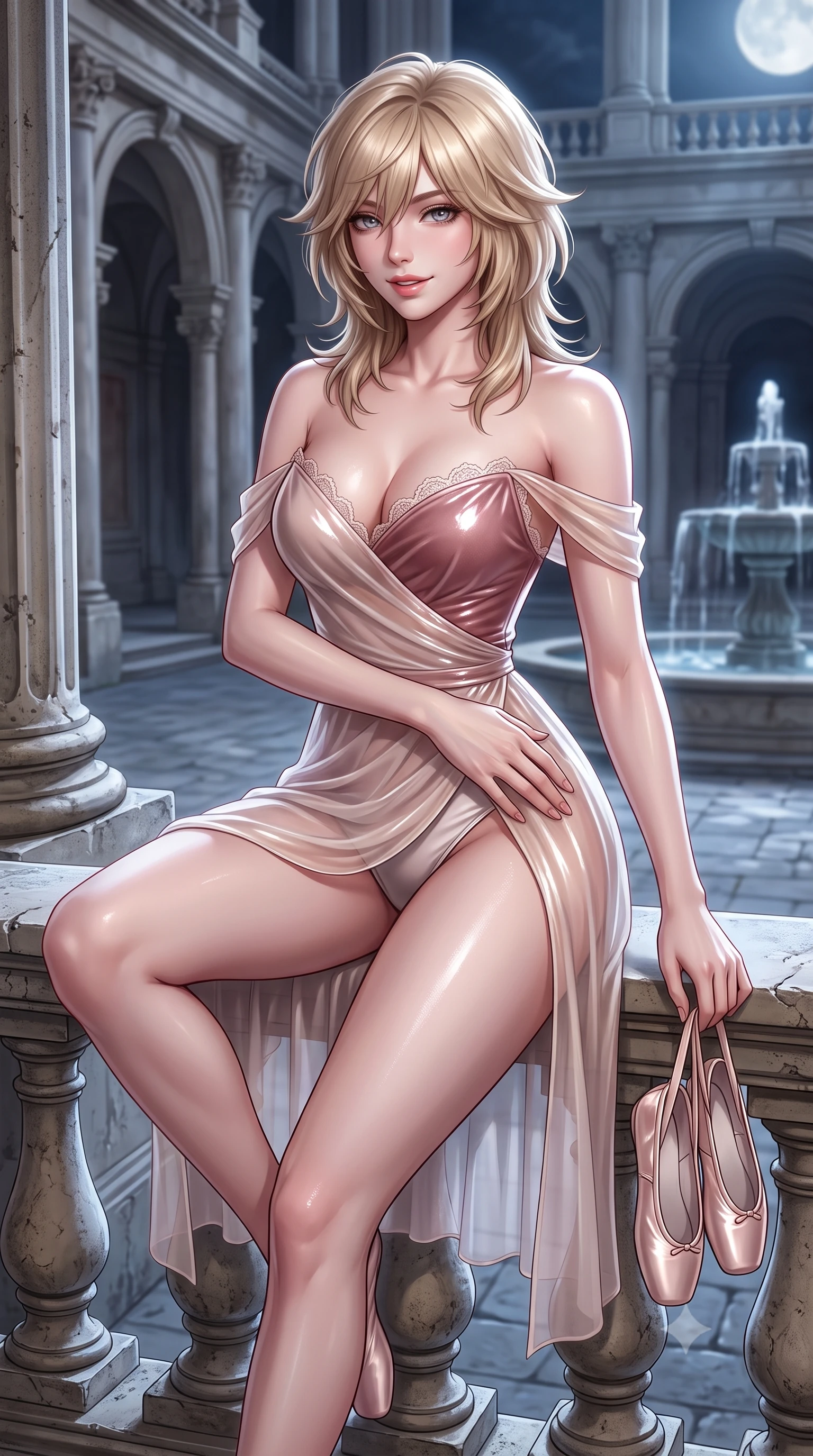 score_9, masterpiece, best quality, ultra-detailed, high-budget anime keyframe, semi-realistic 3D game render, editorial fashion photography, tasteful artistic composition, Japanese woman. close-up cowboy shot from the waist and thighs up, the character dominates the composition, filling the frame with her large presence. tilting her head with a teasing half-smile, running one hand slowly down the side of her hip in a flirtatious S-curve as ambient light caresses her silhouette while lounging on the stone balustrade with one knee bent, holding her satin ballet shoes with an enchanting, parted-lip smile. The surrounding environment is rendered in vivid detail and crisp panoramic clarity: detailed satin ballet leotard cling, moonlight glints on skin, and classical French neoclassical architecture in high resolution. She has an exceptionally elegant, slender, and willowy female figure with an ultra-slim waist, flat toned midriff, narrow ribcage, and sculpted feminine hips creating an alluring, slim hourglass silhouette without bulk. sharp v-shaped jawline, high-bridge nose, sparkling eyes with hypnotic seductive depth, thick curled eyelashes, glossy parted lips with a natural dewy peach sheen, alluring bedroom-eyes with an enchanting coquettish smile, exuding magnetic siren charisma and sophisticated glamour, flawlessly proportioned anatomical accuracy, strict slender model proportions, natural body alignment, perfectly sculpted long slender limbs, ultra-slim waistline, clean dynamic posture without body distortion. wearing a delicate sheer gossamer chiffon ballet wrap dress slipping off bare shoulders with a daring hip-high leg slit in powder champagne cream and dusty rose velvet, crafted from wet-look high-gloss vinyl fabric with dazzling specular surface reflections, finished with scalloped eyelash lace trim framing her sweetheart neckline with intimate elegance, the liquid-tight tailored fabric clinging flawlessly to her narrow waist and rounded feminine hips, emphasizing every millimeter of her sculpted slim hourglass curves without any bulky heaviness. illuminated by fountain water caustic bounce and sharp platinum rim lights sculpting her delicate clavicles, narrow waist, and curvy hips. highly saturated vibrant anime colors, detailed shading with soft gradients, rich glossy textures, high-contrast stereoscopic depth, volumetric dynamic lighting, master piece, 9:16 ratio
