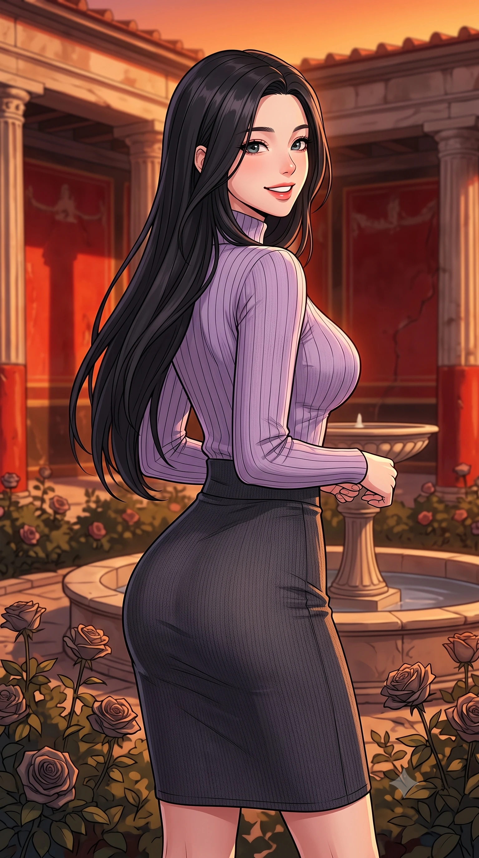 score_9, masterpiece, best quality, ultra-detailed, high-budget anime keyframe, editorial fashion photography, tasteful artistic composition, gorgeous anime illustration, with clean line-art, distinct ink outlines, and high-contrast stereoscopic depth, Korean woman. close-up cowboy shot from the waist and thighs up, the character dominates the composition, filling the frame with her large presence, background elements kept in soft focus. Looking over her shoulder with a bright, welcoming smile and happy eyes. set against a soft-focus background of inside a preserved Roman villa courtyard with red frescoed walls and columns, with rare volcanic ash roses blooming around a stone fountain. She has an exceptionally elegant, slender, and willowy female figure with a highly-defined ultra-slim waist, a gracefully sculpted slender torso, and a refined slim-fit silhouette that contours her form. sharp v-shaped jawline, high-bridge nose, intricate jewel-like eyes with depth, thick eyelashes, glossy lips with a natural sheen. wearing a high-neck ribbed knit top in lavender, paired with a matching form-fitting knit pencil skirt in deep charcoal. warm low-angle sunset casting a deep orange and amber glow, highlighting the rich red walls and casting long dramatic shadows. 2k, ultra detail, master piece, 9:16 ratio, highly saturated vibrant anime colors, detailed cel-shading with soft gradients, rich glossy textures, deep contrast, volumetric dynamic lighting, 2d animation style