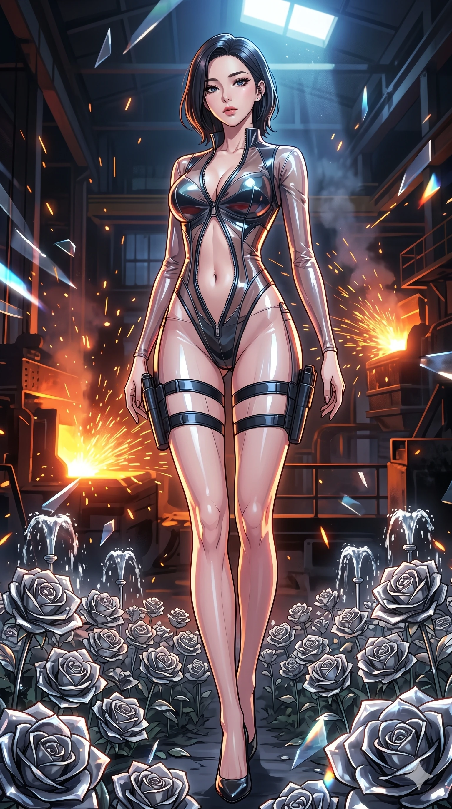 score_9, masterpiece, best quality, ultra-detailed, High-budget Anime Keyframe, vibrant colors, fluid line-art, expressive lighting, cinematic composition, Ufotable-style visual effects, top-tier animation quality, Korean woman with idol-like refined features. Wide-angle low shot emphasizing her impossibly long slender legs and commanding stature. Meditating deeply in a serene garden of metallic roses and mercury fountains, the sound of clockwork birds in the air. She has an absolutely perfect 8-heads proportion, an exceptionally tall and slender female figure with impossibly long slender legs and an ultra-slim waist, her statuesque height and towering silhouette dominating the vertical 9:16 frame. Her face is a masterpiece featuring a sharp v-shaped jawline, high-bridge nose, intricate jewel-like eyes with depth, thick eyelashes, and glossy lips with a natural sheen. She is wearing a Sleek tactical leotard with thigh-high holsters, unzipped deeply to show her midriff crafted from Transparent PVC with a high-gloss finish that reveals the intricate layers beneath, with sheer fabric transparency over her delicate curves and a high-cut silhouette. The scene is set in a gritty industrial factory with glowing molten metal, flying sparks, and deep shadows, illuminated by dynamic strobe effects that capture her movement in a series of sharp fragments. 2k, ultra detail, master piece, 9:16 ratio