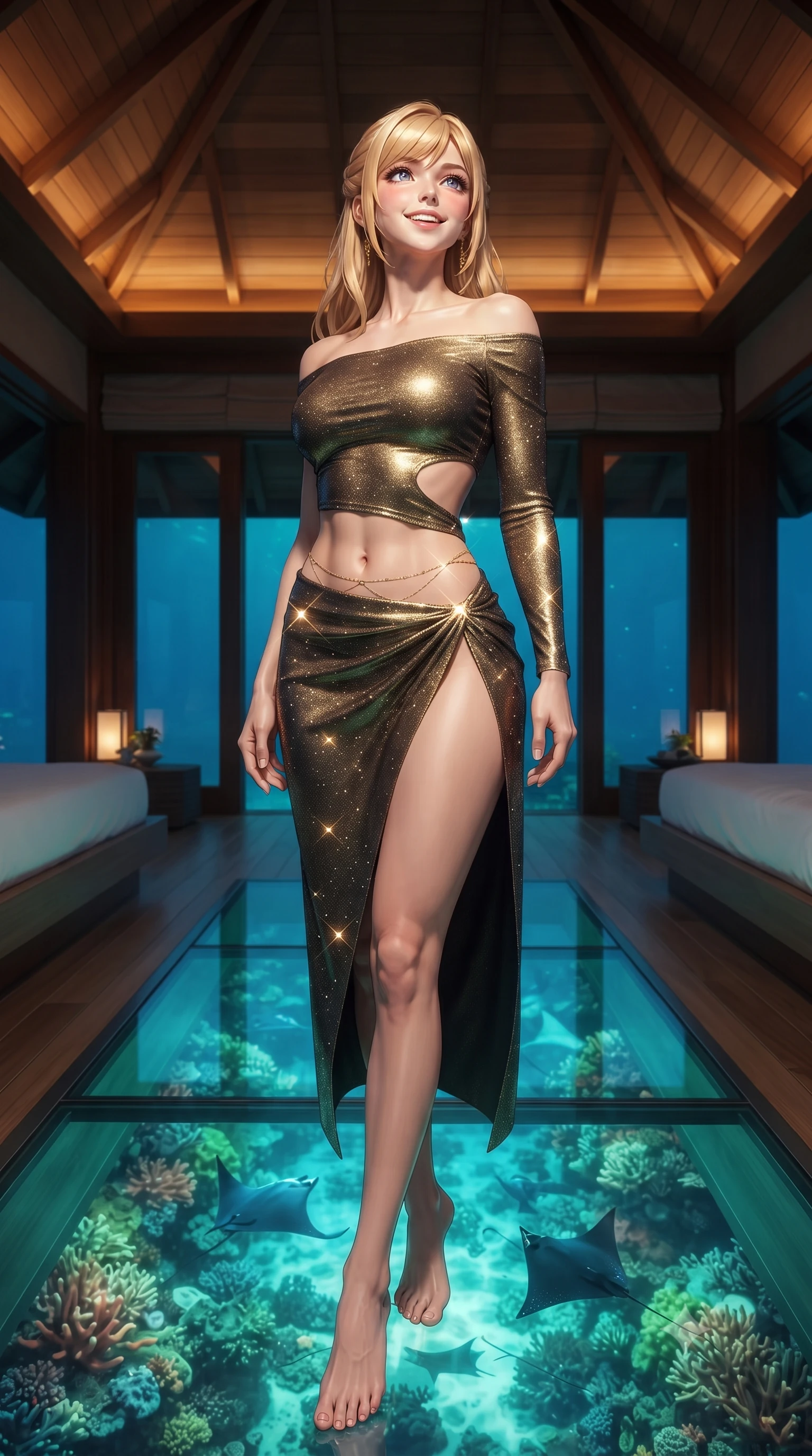 score_9, masterpiece, best quality, ultra-detailed, high-budget anime keyframe, editorial fashion photography, tasteful artistic composition, Caucasian woman. low angle full-body shot from head to toe showing her feet, filling the entire 9:16 vertical frame with her statuesque presence, stretching her vertical silhouette. sitting poised on the stone steps with one knee bent, arching her spine with supermodel elegance as she glances upward through thick eyelashes while standing poised on the transparent tempered glass floor panel revealing illuminated tropical coral reefs and manta rays beneath her feet, arching her spine with siren allure. The surrounding environment is rendered in vivid detail and crisp panoramic clarity: detailed garment lines, wet cling or tailored fit, and overwater architectural craft in razor-sharp precision. She has an exceptionally tall and slender model-like 8.5-heads proportion, an ultra-slim waist, a flat toned midriff, narrow delicate ribcage, and beautifully sculpted feminine hips creating a graceful, slim hourglass silhouette without any bulky heaviness, with impossibly long slender legs. sharp v-shaped jawline, high-bridge nose, intricate jewel-like sparkling eyes with depth, thick eyelashes, glossy parted lips with a natural peach sheen, bright cheerful beaming smile with an enchanting and coquettish sensual glint, exuding both youthful cute charm and seductive allure, flawlessly proportioned anatomical accuracy, strict slender model proportions, natural body alignment, perfectly sculpted long slender limbs, ultra-slim waistline, clean dynamic posture without body distortion. wearing a provocative off-the-shoulder crop top with asymmetrical side-torso cutouts and a high-slit wrap skirt in Viennese golden secession noir and imperial 24k gold leaf, woven from stretch metallic lurex jersey casting radiant starlight glints across her curves, accented with a dainty gold belly chain resting across her flat midriff and curving hips, the precision-cut side openings and low-back scoop framing her graceful spine and the sensual sweep of her slim, toned hips. bathed in underwater reef cyan-and-green LEDs shining upward through glass contrasted with warm 2600K interior ceiling lanterns. ultra-reflective glossy finish, specular highlights, rich textural contrasts, high-contrast stereoscopic depth, volumetric dynamic lighting, 2k, ultra detail, master piece, 9:16 ratio