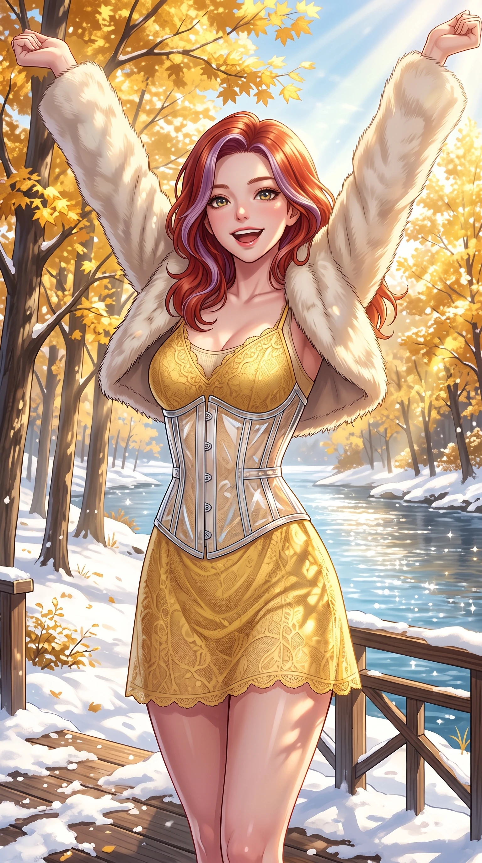 score_9, masterpiece, best quality, ultra-detailed, high-budget anime keyframe, vibrant anime aesthetic, Caucasian woman, strictly human ears. cowboy shot from the thighs up, character and outfit filling the frame for maximum presence. She is posing with a joyful, energetic winter smile, stretching her arms out in snow by a scenic river bank deck with golden maples (Code-P21-178). She has an absolutely perfect 8-heads proportion, an exceptionally tall and slender female figure with impossibly long slender legs and an ultra-slim waist. V-shaped jawline, high-bridge nose, intricate jewel-like eyes with depth, thick eyelashes, glossy lips with a natural sheen. wearing a transparent PVC corset over a yellow lace slip dress in winter. She is drenched in warm afternoon winter sunbeams, casting soft garden shadows on her skin. 2k, ultra detail, master piece, 9:16 ratio
