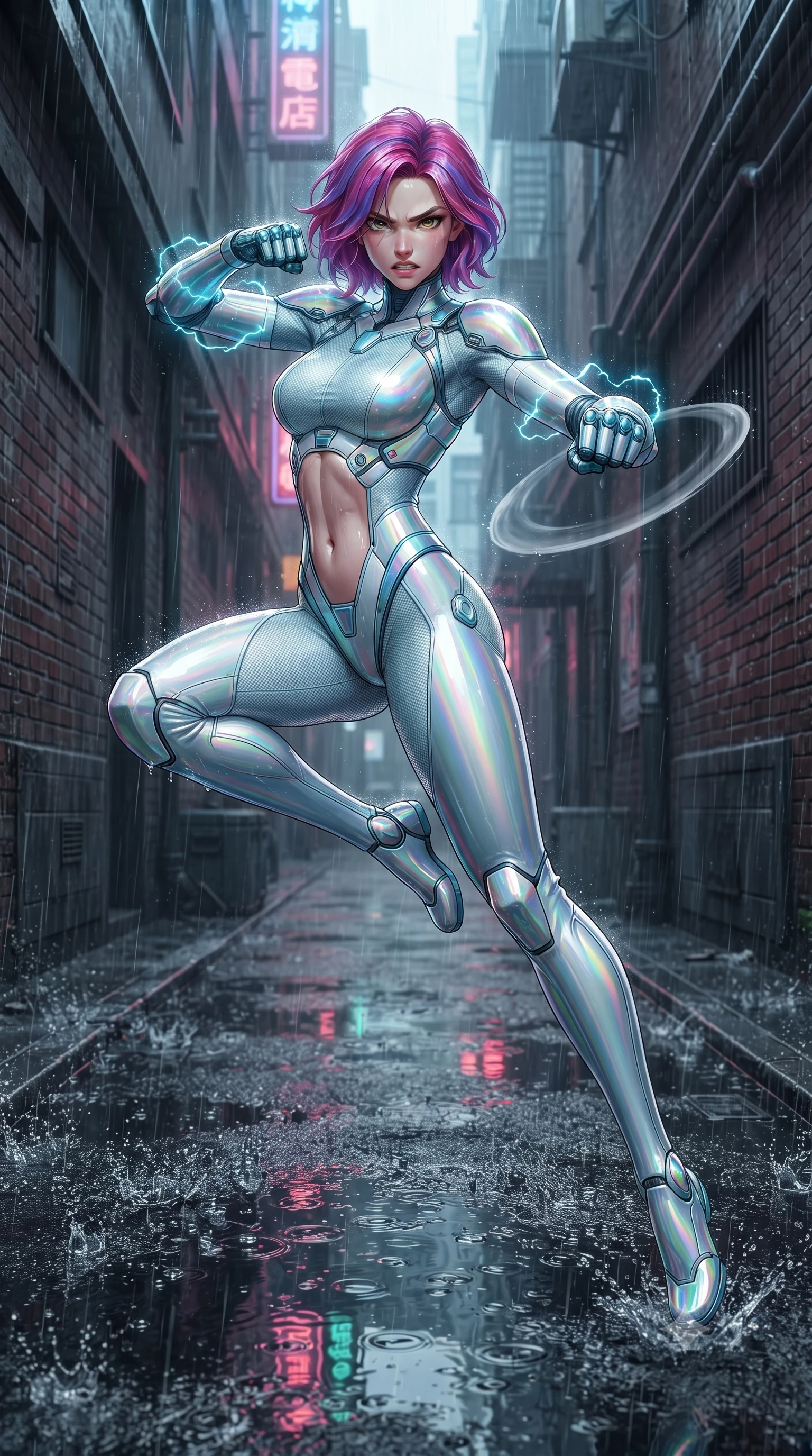 score_9, masterpiece, best quality, ultra-detailed, high-budget anime keyframe, editorial fashion photography, tasteful artistic composition, Caucasian woman. low angle full-body shot from head to toe showing her feet, filling the entire 9:16 vertical frame with her statuesque presence, stretching her vertical silhouette. leaping into mid-air with an athletic yet alluring arch of her spine, driving a downward kinetic strike surrounded by a ring of displaced air while assuming a defensive Panzer Kunst combat stance in a narrow rain-soaked cyberpunk alley as cyan electromagnetic arcs crackle on her elbows. The surrounding environment is rendered in vivid detail and crisp panoramic clarity. sharp splashing raindrop beads, wet asphalt reflections, and textured brick wall grain in deep focus. She has an absolutely perfect, statuesque 8.5-heads proportion, an exceptionally tall and slender model-like female figure with impossibly long slender legs, a toned flat midriff, and an ultra-slim waist. sharp v-shaped jawline, high-bridge nose, intricate jewel-like eyes with depth, thick eyelashes, glossy lips with a natural sheen, flawlessly proportioned anatomical accuracy, strict slender model proportions, natural body alignment, perfectly sculpted long slender limbs, ultra-slim waistline, clean dynamic posture without body distortion. wearing an ultra-sleek glacial-cyan and white carbon-mesh combat bodysuit with frost-resistant kinetic shock-absorber plating in high-gloss iridescent rainbow carbon with prism holographic sheen, made of lightweight aerodynamic carbon-titanium alloy with polished edge bevels, finished with high-mobility flexible limb seams and miniature magnetic armor locks, the glove-like aerodynamic second-skin fit tightly clinging to her ultra-slender waist and athletic curves without adding bulk, accentuating her razor-sharp statuesque lines and slim hourglass silhouette. surrounded by a dangerous, gritty, and intensely captivating martial femme-fatale noir aura. ultra-reflective glossy finish, specular highlights, dark metallic sheen, high-contrast stereoscopic depth, volumetric dynamic lighting, 2k, ultra detail, master piece, 9:16 ratio