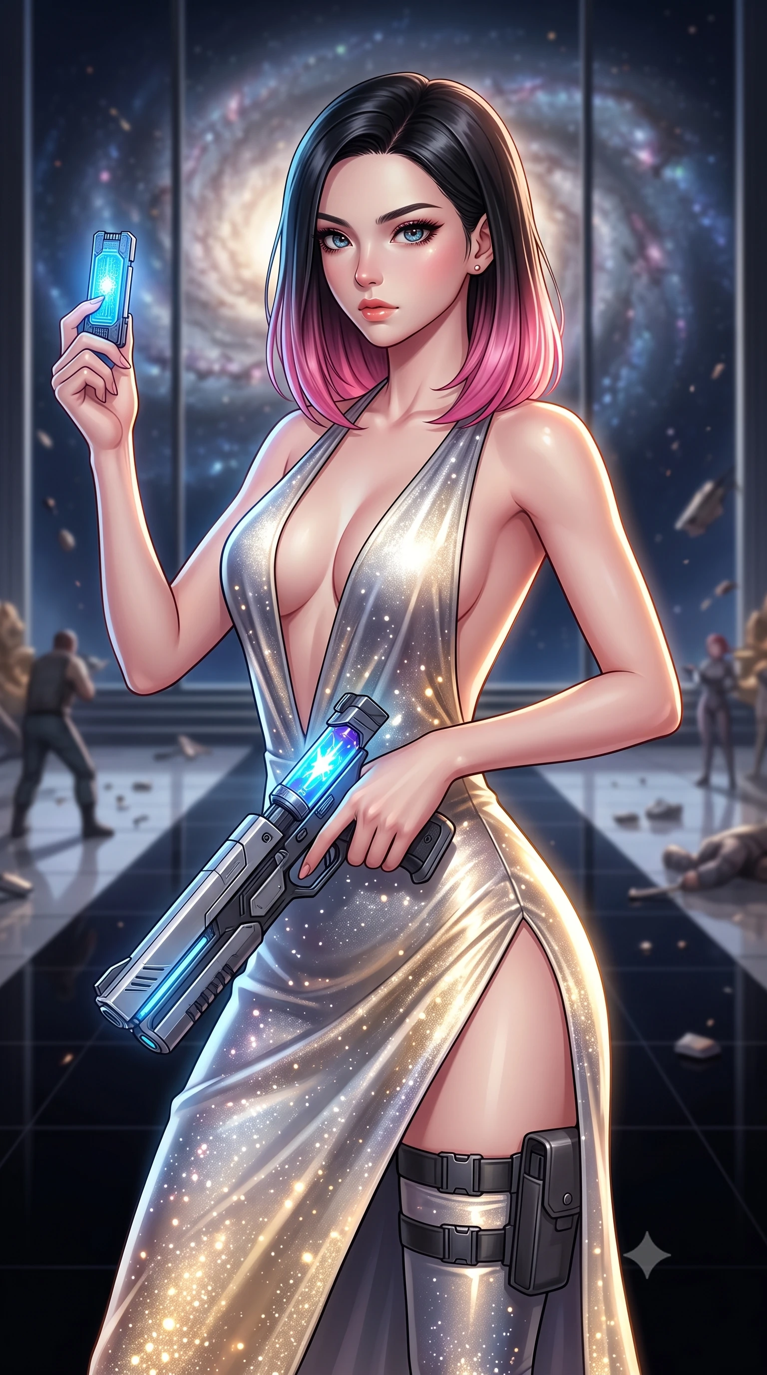 score_9, masterpiece, best quality, ultra-detailed, high-budget anime keyframe, editorial fashion photography, tasteful artistic composition, Korean woman. close-up cowboy shot from the waist and thighs up, the character dominates the composition, filling the frame with her large presence, background elements kept in soft focus. Holding a glowing data drive aloft while reloading a futuristic plasma pistol, ready for the next wave. set against a soft-focus background of a grand imperial throne room with black polished obsidian floors, a massive glass window showing a galaxy core spiral in the background. She has an exceptionally elegant and slender, willowy female figure with an ultra-slim waist, a gracefully sculpted slender torso, and a refined slim physique. sharp v-shaped jawline, high-bridge nose, intricate jewel-like eyes with depth, thick eyelashes, glossy lips with a natural sheen. wearing catching and diffusing the glowing particles, shimmering softly in response to the surrounding light, a slim-fit deep plunging-V neck maxi dress in a liquid silver and gold gradient, featuring a bold open-back and a daring high slit. highly saturated vibrant anime colors, intense vivid color palette, soft 3D volumetric shading, volumetric dynamic lighting, soft glowing ambient light with sharp side key light tracing the sleek contours of her figure. 2k, ultra detail, master piece, 9:16 ratio