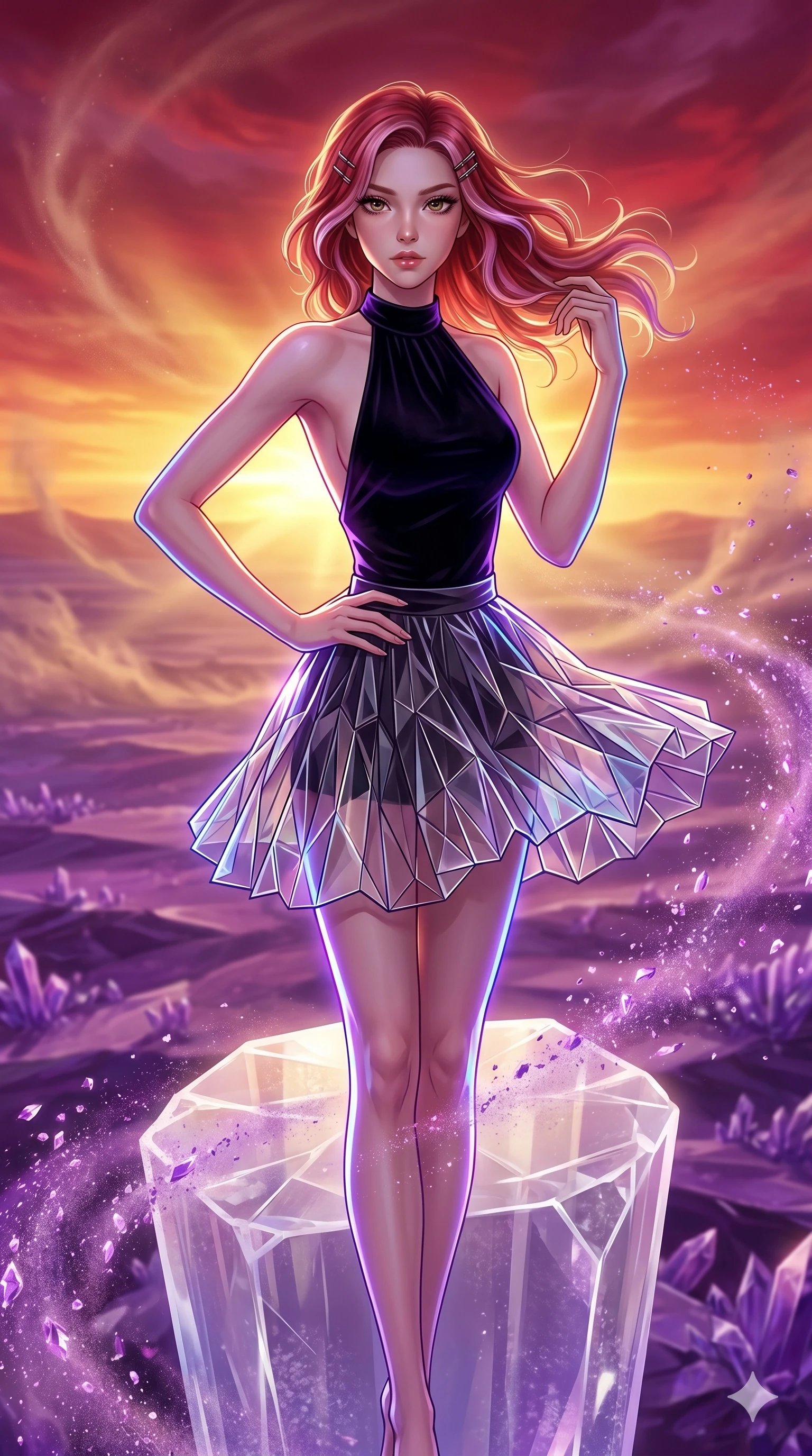 score_9, masterpiece, best quality, ultra-detailed, high-budget anime keyframe, Japanese woman. upper body close-up from the thighs up, character filling the screen for maximum presence. standing atop a transparent salt crystal tower in a purple crystalline desert as winds blow shimmering purple dust under a crimson sunset. She has an absolutely perfect 8-heads proportion, an exceptionally tall and slender female figure with impossibly long slender legs and an ultra-slim waist. V-shaped jawline, high-bridge nose, intricate jewel-like eyes with depth, thick eyelashes, glossy lips with a natural sheen.. wearing a fractal glass pleated skirt and a backless black velvet halter neck top, creating a dramatic and elegant silhouette. bathed in brilliant cinematic volumetric lighting and intense neon rim light highlighting her slender form. 2k, ultra detail, master piece, 9:16 ratio