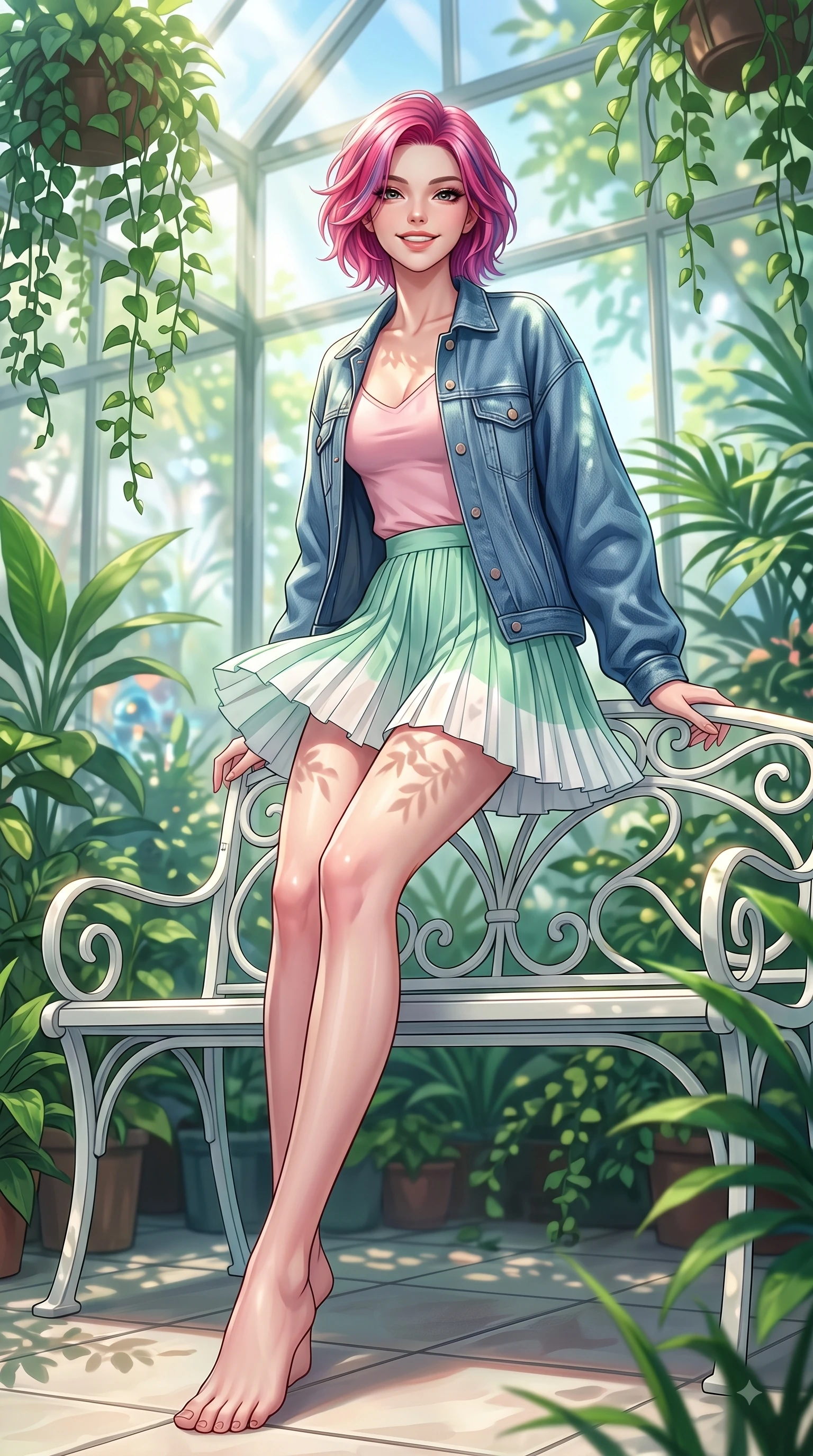 score_9, masterpiece, best quality, ultra-detailed, high-budget anime keyframe, editorial fashion photography, tasteful artistic composition, Caucasian woman. low angle full-body shot from head to toe showing her feet, filling the entire 9:16 vertical frame with her statuesque presence, stretching her vertical silhouette. pivoting dynamically with a fresh infectious smile, her ultra-slim waist creating a sweeping fluid curve while sitting on a classic white iron bench in a sun-drenched glasshouse surrounded by emerald greenery. The composition keeps background elements in soft focus with dreamy bokeh. cascading botanical vines and delicate greenhouse refractions softened in creamy depth of field. She has an absolutely perfect, statuesque 8.5-heads proportion, an exceptionally tall and slender model-like female figure with impossibly long slender legs and an ultra-slim waist. sharp v-shaped jawline, high-bridge nose, intricate jewel-like eyes with depth, thick eyelashes, glossy lips with a natural sheen, flawlessly proportioned anatomical accuracy, natural body alignment, perfectly sculpted elegant limbs, clean dynamic posture without body distortion. wearing a trendy oversized denim jacket over a soft pastel pink camisole and white pleated mini skirt in refreshing mint green and crisp white, made of fine lightweight chiffon that flutters gently in the breeze, featuring elegant flutter sleeves and a graceful square neckline, the tailored casual silhouette highlighting her fresh and youthful presence. illuminated by fresh botanical sunbeams casting delicate leaf patterns. highly saturated vibrant anime colors, detailed shading with soft gradients, rich glossy textures, high-contrast stereoscopic depth, volumetric dynamic lighting, master piece, 9:16 ratio