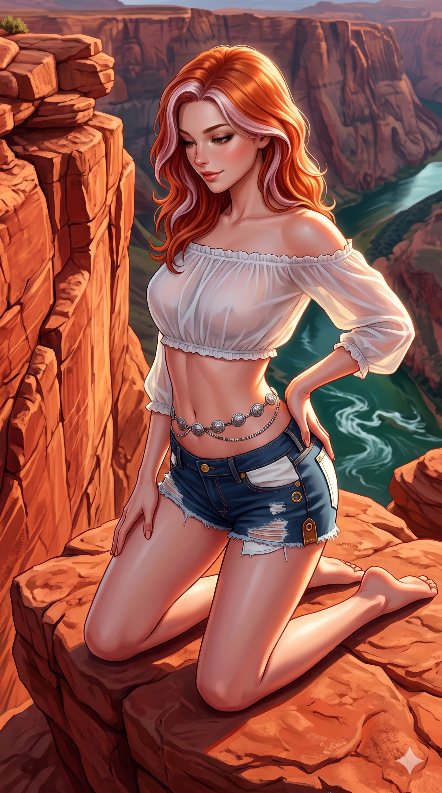 score_9, masterpiece, best quality, ultra-detailed, high-budget anime keyframe, semi-realistic 3D game render, editorial fashion photography, tasteful artistic composition, Caucasian woman. close-up cowboy shot from the waist and thighs up, the character dominates the composition, filling the frame with her large presence. arching her spine backward with effortless dancer poise, one hand sliding along her hip line as directional light carves specular highlights along her silhouette while kneeling gracefully on the warm red sandstone outcrop, one hand resting on the stone while gazing down into the emerald canyon waters with alluring bedroom-eyes. The surrounding environment is rendered in vivid detail and crisp panoramic clarity: sharp red Navajo sandstone cross-bedding lines, river rapid water ripples below, and cliff edge fractures in deep focus. She has an exceptionally elegant, slender, and willowy female figure with an ultra-slim waist, flat toned midriff, narrow ribcage, and sculpted feminine hips creating an alluring, slim hourglass silhouette without bulk. sharp v-shaped jawline, high-bridge nose, sparkling eyes with hypnotic seductive depth, thick curled eyelashes, glossy parted lips with a natural dewy peach sheen, alluring bedroom-eyes with an enchanting coquettish smile, exuding magnetic siren charisma and sophisticated glamour, flawlessly proportioned anatomical accuracy, strict slender model proportions, natural body alignment, perfectly sculpted long slender limbs, ultra-slim waistline, clean dynamic posture without body distortion. wearing an off-the-shoulder sheer peasant crop blouse with elastic ruched neckline paired with tight distressed cutoff shorts in French Riviera navy and optic white with gold grommets, crafted from rugged heavy-duty canvas and oiled leather with authentic desert durability, accented with a silver concho belly chain resting across her flat midriff and curving hips, the bespoke structured tailoring following the natural line of her 8.5-heads silhouette with refined elegance. illuminated by red rock canyon bounce and sharp emerald-terracotta rim lights sculpting her razor-sharp jawline, narrow waist, and curvy hips. highly saturated vibrant anime colors, detailed shading with soft gradients, rich glossy textures, high-contrast stereoscopic depth, volumetric dynamic lighting, master piece, 9:16 ratio