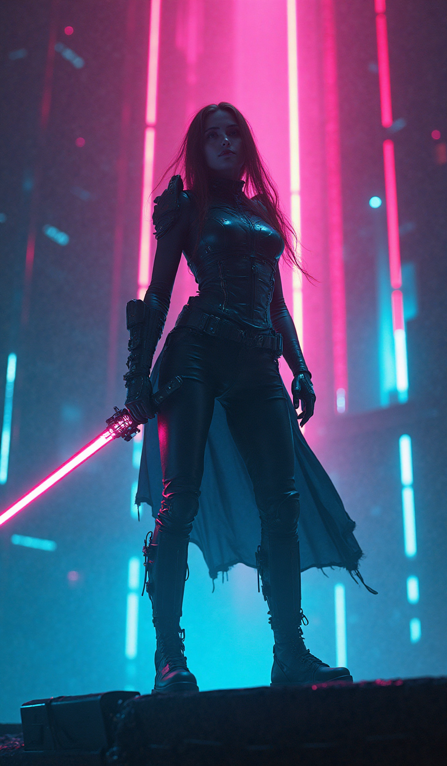 score_9, masterpiece, best quality, ultra-detailed, cyberpunk tech-fantasy aesthetic, holographic accents, dark sci-fi tone, A cybernetic swordswoman standing on a floating neon platform. low angle cowboy shot filling the 9:16 frame, 8-heads proportion, towering silhouette. bioluminescent neon reflections, high-contrast cyan and magenta low-key lighting, sharp focus, master piece, 2k, 9:16 ratio