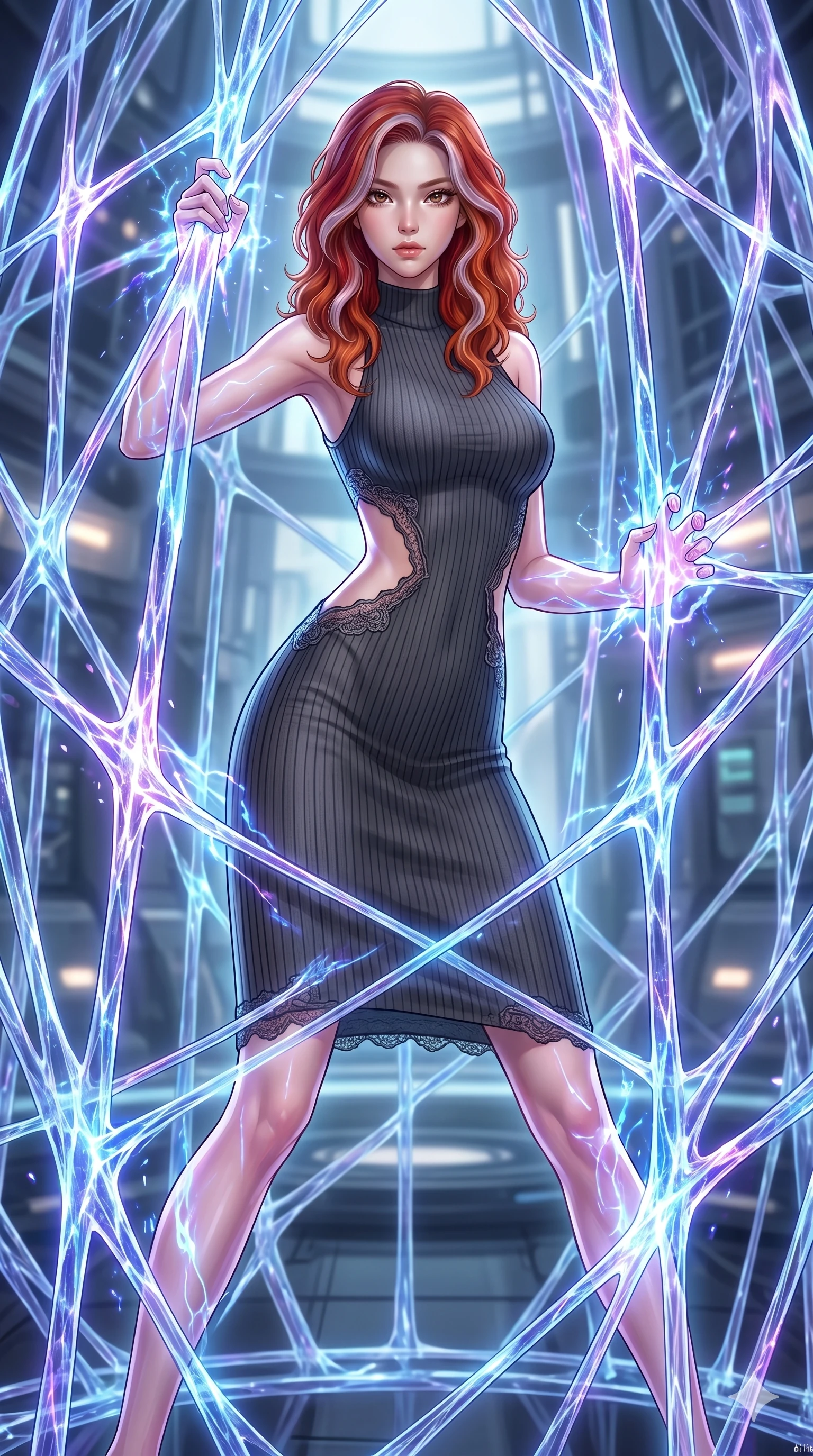 score_9, masterpiece, best quality, ultra-detailed, High-budget Anime Keyframe, East Asian woman. Dynamic full-body shot stretching the vertical silhouette to the limit. Scenario 42: Trapped in a cage of glowing crystalline fibers, body pressing against the bars. Her presence is magnetic and overpowering in this high-budget anime scene. Outfit 42: A ribbed bodycon knit second with a strategic side cut-outs and delicate lace embroidery. The clothing is designed to emphasize her exceptionally tall and slender 8-heads proportion. 8-heads proportion, towering silhouette, ultra-slim waist. sharp v-shaped jawline, intricate jewel-like eyes with depth, thick eyelashes, glossy lips. 2k, ultra detail, master piece, 9:16 ratio