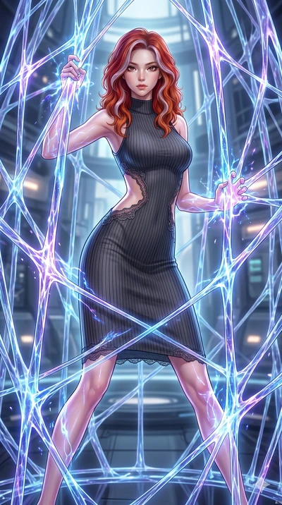 score_9, masterpiece, best quality, ultra-detailed, High-budget Anime Keyframe, East Asian woman. Dynamic full-body shot stretching the vertical silhouette to the limit. Scenario 42: Trapped in a cage of glowing crystalline fibers, body pressing agai