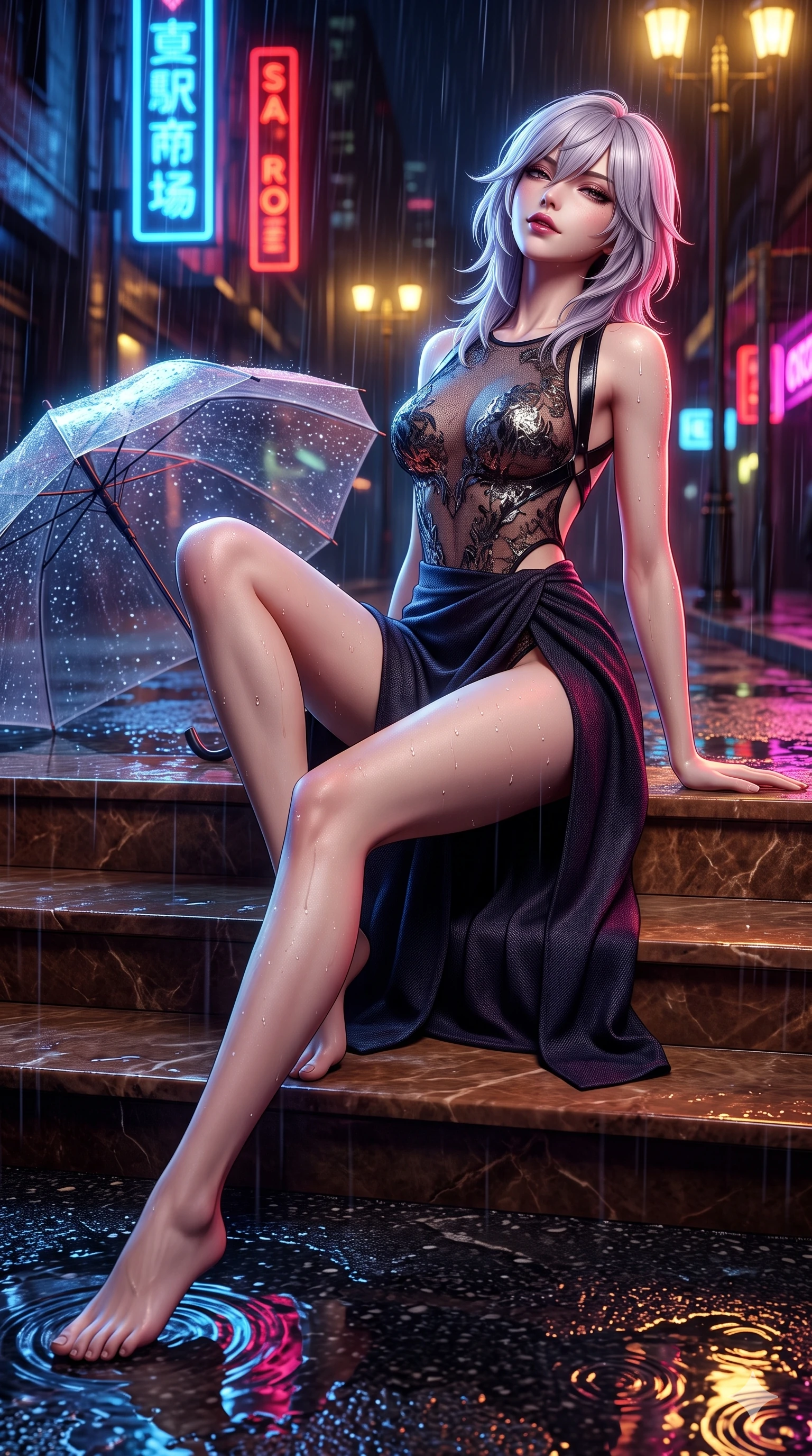 score_9, masterpiece, best quality, ultra-detailed, high-budget anime keyframe, semi-realistic 3D game render, editorial fashion photography, tasteful artistic composition, Japanese woman. low angle full-body shot from head to toe showing her feet, filling the entire 9:16 vertical frame with her statuesque presence, stretching her vertical silhouette. sitting poised on the warm marble steps with one knee bent, arching her spine with supermodel elegance as she glances upward through thick eyelashes while twisting her slender torso in an alluring contrapposto stance, raindrops glistening on her bare skin as saturated neon signs reflect in puddles around her heels. The surrounding environment is rendered in vivid detail and crisp panoramic clarity: sharp wet asphalt grit texture, rain droplets beading on the translucent umbrella canopy, and puddle ripple reflections in deep focus. She has an exceptionally tall and slender model-like 8.5-heads proportion, an ultra-slim waist, a flat toned midriff, narrow delicate ribcage, and beautifully sculpted feminine hips creating a graceful, slim hourglass silhouette without any bulky heaviness, with impossibly long slender legs. sharp v-shaped jawline, high-bridge nose, intricate jewel-like dark sparkling eyes with dangerous depth, thick curled eyelashes, glossy parted lips with a rich wine sheen, smoldering seductive half-smile with bedroom-eyes, exuding effortless superiority and intoxicating dark allure, flawlessly proportioned anatomical accuracy, strict slender model proportions, natural body alignment, perfectly sculpted long slender limbs, ultra-slim waistline, clean dynamic posture without body distortion. wearing a provocative sheer-illusion nanotech lace bodysuit with strategic metallic foil flocking and high-cut leg openings in cobalt blue floodlights and warm golden promenade streetlights, woven from bespoke high-density barathea wool with refined ceremonial hold, featuring an open-back criss-cross harness strap in patent black leather, the high-slit wrap tailoring accentuating her ultra-slim waistline and the enchanting curve of her feminine hips with alluring seductive charm. illuminated by wet pavement neon puddle bounce and sharp scarlet-magenta rim lights sculpting her razor-sharp jawline, narrow waist, and curvy hips. highly saturated vibrant anime colors, detailed shading with soft gradients, rich glossy textures, high-contrast stereoscopic depth, volumetric dynamic lighting, master piece, 9:16 ratio