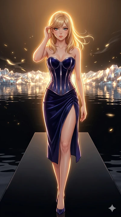 score_9, masterpiece, best quality, ultra-detailed, high-budget anime keyframe, editorial fashion photography, tasteful artistic composition, Caucasian woman, strictly human ears. cowboy shot from the thighs up, character and outfit filling the frame