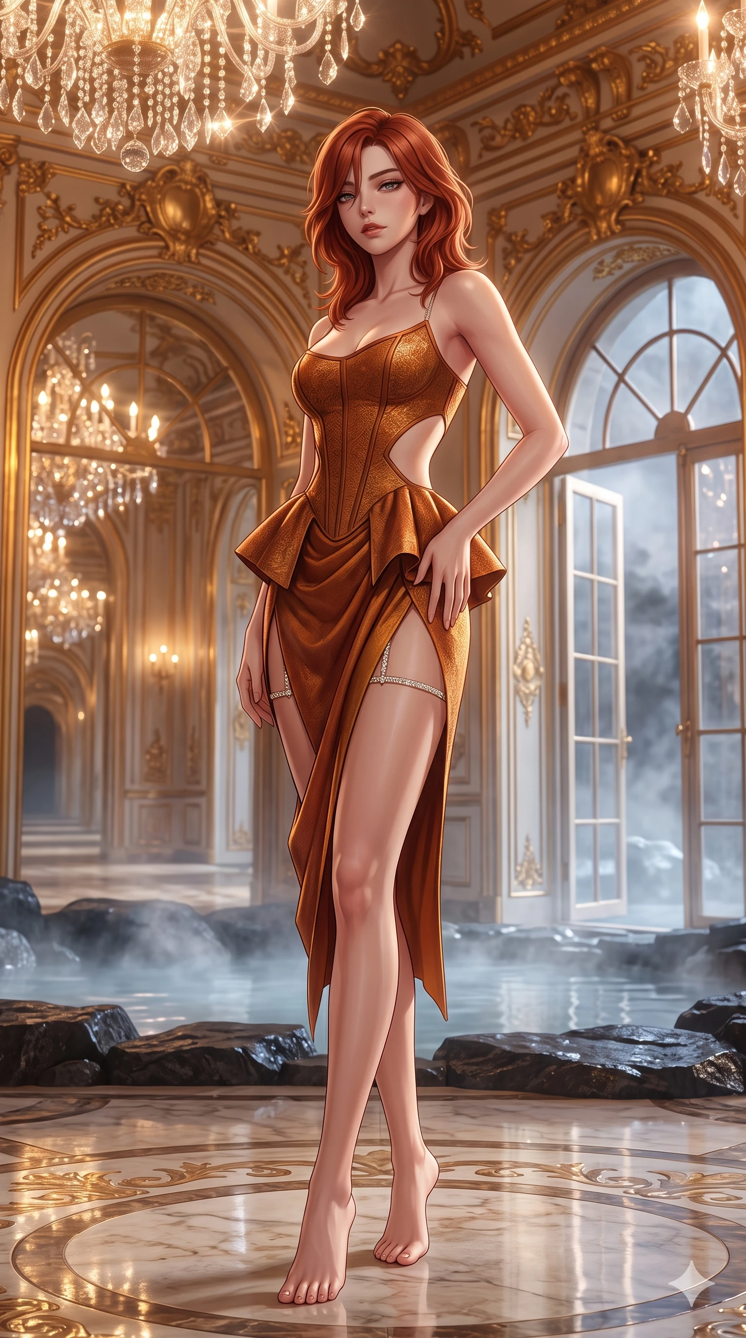 score_9, masterpiece, best quality, ultra-detailed, high-budget anime keyframe, semi-realistic 3D game render, editorial fashion photography, tasteful artistic composition, Korean woman. low angle full-body shot from head to toe showing her feet, filling the entire 9:16 vertical frame with her statuesque presence, stretching her vertical silhouette. sitting on the black basalt rock rim of the steaming geothermal lagoon, water droplets beading on her flat midriff and curvy hips while standing poised in the grand mirror gallery, arching her lower back with sovereign supermodel grace as endless reflections recede into gilded infinity. The surrounding environment is rendered in vivid detail and crisp panoramic clarity: sharp rococo gold-leaf scrollwork, mirror bevel speculars, and crisp alabaster stone grain in deep focus. She has an exceptionally tall and slender model-like 8.5-heads proportion, an ultra-slim waist, a flat toned midriff, narrow delicate ribcage, and beautifully sculpted feminine hips creating a graceful, slim hourglass silhouette without any bulky heaviness, with impossibly long slender legs. sharp v-shaped jawline, high-bridge nose, intricate jewel-like sparkling eyes with depth, thick eyelashes, glossy parted lips with a natural sheen, intensely captivating and seductive bedroom-eyes expression, exuding both youthful cute charm and sovereign luxury allure, flawlessly proportioned anatomical accuracy, strict slender model proportions, natural body alignment, perfectly sculpted long slender limbs, ultra-slim waistline, clean dynamic posture without body distortion. wearing a modern peplum corset dress with side-waist diamond cutouts and an ultra-tight silhouette in rich copper bronze and warm amber, crafted from bespoke double-faced cashmere with an exceptionally soft tactile finish, finished with delicate crystal-encrusted thigh garter straps glinting in the dim light, the form-contouring cut accentuating her sculpted flat midriff, narrow delicate ribcage, and gracefully curvy hips with intoxicating allure. bathed in the warm, sparkling brilliance of hundreds of crystal chandelier prisms creating complex multidirectional highlights. highly saturated vibrant anime colors, detailed shading with soft gradients, rich glossy textures, high-contrast stereoscopic depth, volumetric dynamic lighting, master piece, 9:16 ratio