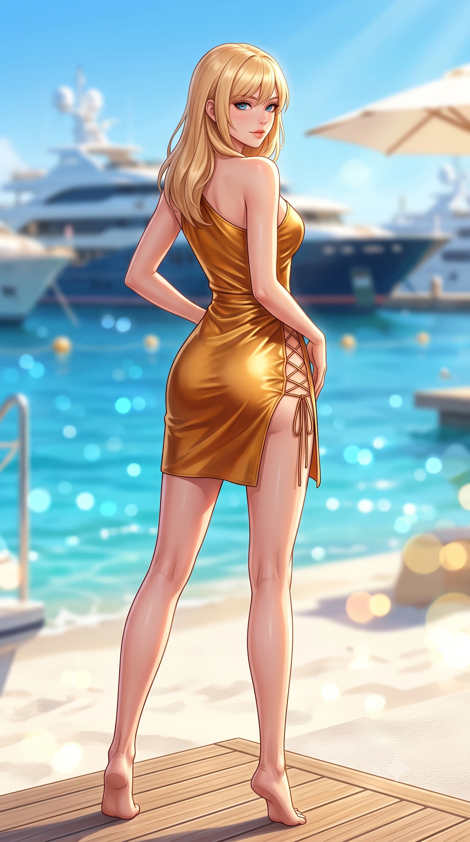 score_9, masterpiece, best quality, ultra-detailed, high-budget anime keyframe, semi-realistic 3D game render, editorial fashion photography, tasteful artistic composition, Caucasian woman. low angle full-body shot from head to toe showing her feet, filling the entire 9:16 vertical frame with her statuesque presence, stretching her vertical silhouette. reclining gracefully across the plush chaise lounge with one leg extended, her sculpted silhouette and flat midriff radiating magnetic nocturnal glamour while standing at the edge of the teak boardwalk with hips cocked back, looking over a bare shoulder toward moored superyachts. The background shows a soft-focus the sparkling sapphire bay of Pampelonne, distant mega-yachts, and white parasols blurred into azure, champagne, and gold bokeh. She has an absolutely perfect, statuesque 8.5-heads proportion, an exceptionally tall and slender model-like female figure with impossibly long slender legs, an ultra-slim waist, a flat toned midriff, narrow delicate ribcage, and beautifully sculpted feminine hips creating a graceful, slim hourglass silhouette without any bulky heaviness. sharp v-shaped jawline, high-bridge nose, sparkling eyes with hypnotic seductive depth, thick curled eyelashes, glossy parted lips with a natural dewy peach sheen, alluring bedroom-eyes with an enchanting coquettish smile, exuding magnetic siren charisma and sophisticated glamour, flawlessly proportioned anatomical accuracy, strict slender model proportions, natural body alignment, perfectly sculpted long slender limbs, ultra-slim waistline, clean dynamic posture without body distortion. wearing an asymmetric one-shoulder metallic leather mini dress with a dramatic side slit hugging her narrow waist and hips in warm amber honey and antique gold leaf, crafted from fluid liquid silk satin that clings smoothly to every curve with a dewy sheen, featuring fine criss-cross lace-up side ties revealing tantalizing glimpses of her hip curve, the high-slit wrap tailoring accentuating her ultra-slim waistline and the enchanting curve of her feminine hips with alluring seductive charm. bathed in brilliant Mediterranean afternoon sunlight bouncing up from white sands and turquoise water. highly saturated vibrant anime colors, detailed shading with soft gradients, rich glossy textures, high-contrast stereoscopic depth, volumetric dynamic lighting, master piece, 9:16 ratio