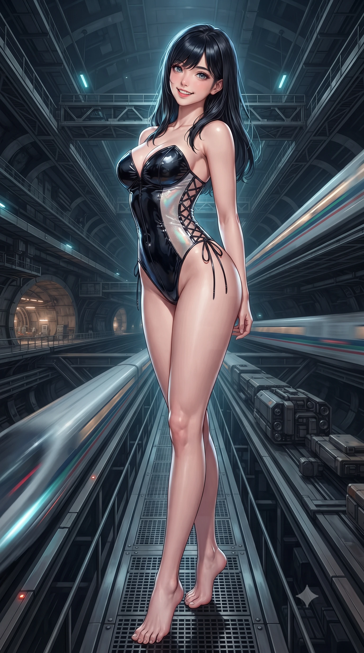 score_9, masterpiece, best quality, ultra-detailed, high-budget anime keyframe, editorial fashion photography, tasteful artistic composition, Caucasian woman. low angle full-body shot from head to toe showing her feet, filling the entire 9:16 vertical frame with her statuesque presence, stretching her vertical silhouette. posing in a classic haute-couture S-curve stance beside the floor-to-ceiling window, looking over a bare shoulder with magnetic presence while standing poised on the industrial steel catwalk suspended over the massive maglev junction, arching her spine with commanding haute-couture presence as high-speed trains shoot past. The surrounding environment is rendered in vivid detail and crisp panoramic clarity: detailed garment construction, tactical leather sheen, and monumental subterranean infrastructure in high resolution. She has an exceptionally tall and slender model-like 8.5-heads proportion, an ultra-slim waist, a flat toned midriff, narrow delicate ribcage, and beautifully sculpted feminine hips creating a graceful, slim hourglass silhouette without any bulky heaviness, with impossibly long slender legs. sharp v-shaped jawline, high-bridge nose, intricate jewel-like sparkling eyes with depth, thick eyelashes, glossy parted lips with a natural peach sheen, bright cheerful beaming smile with an enchanting and coquettish sensual glint, exuding both youthful cute charm and seductive allure, flawlessly proportioned anatomical accuracy, strict slender model proportions, natural body alignment, perfectly sculpted long slender limbs, ultra-slim waistline, clean dynamic posture without body distortion. wearing an alluring plunging sweetheart tactical bodice with sheer mesh side-waist cutouts contouring her ribs in iridescent mother-of-pearl and liquid molten silver, tailored from high-gloss patent leather with mirror-like specular highlights, featuring fine criss-cross lace-up side ties revealing tantalizing glimpses of her hip curve, the glove-like clinging cut tightly following the natural contour of her hips and long slender legs with youthful 8.5-heads elegance. illuminated by steel catwalk reflection bounce and sharp electric-cyan rim lights sculpting her jawline, narrow waist, and curvy hips. ultra-reflective glossy finish, specular highlights, rich textural contrasts, high-contrast stereoscopic depth, volumetric dynamic lighting, 2k, ultra detail, master piece, 9:16 ratio