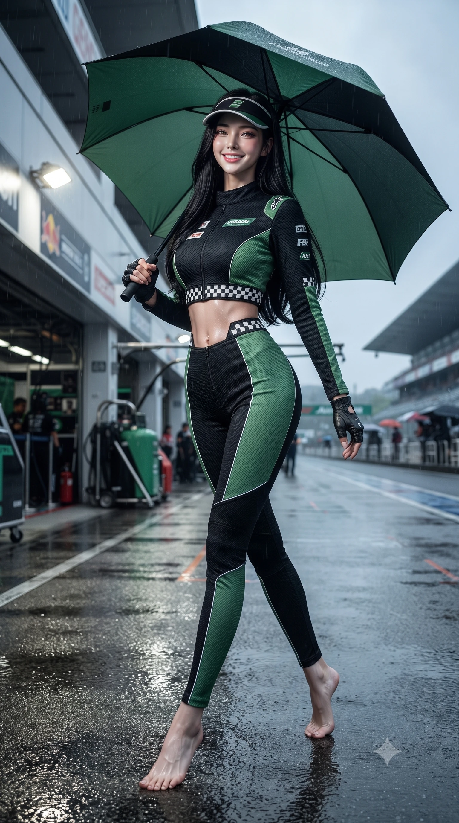 score_9, masterpiece, best quality, ultra-detailed, high-budget anime keyframe, editorial fashion photography, tasteful artistic composition, Korean woman. low angle full-body shot from head to toe showing her feet, filling the entire 9:16 vertical frame with her statuesque presence, stretching her vertical silhouette. stepping forward gracefully across the paddock tarmac in mid-motion with a radiant beaming smile, hips swaying in an alluring kinetic rhythm that accentuates her curvy hourglass silhouette and long slender legs while striding purposefully along the wet pit lane holding an oversized team umbrella, hips swaying in an alluring kinetic rhythm that accentuates her curves. The surrounding environment is rendered in vivid detail and crisp panoramic clarity: detailed leather racing catsuit texture, wet reflections on skin, and Japanese motorsport architecture in razor-sharp precision. She has an absolutely perfect, statuesque 8.5-heads proportion, an exceptionally tall and slender model-like female figure with impossibly long slender legs, an ultra-slim waist, a flat toned midriff, narrow delicate ribcage, and beautifully sculpted feminine hips creating a graceful, slim hourglass silhouette without any bulky heaviness. sharp v-shaped jawline, high-bridge nose, sparkling eyes with athletic focus and depth, thick curled eyelashes, glossy parted lips with a natural coral-peach sheen, bright confident and coquettish smile with alluring bedroom-eyes, exuding both youthful sporty vigor and sovereign high-society glamour, flawlessly proportioned anatomical accuracy, strict slender model proportions, natural body alignment, perfectly sculpted long slender limbs, ultra-slim waistline, clean dynamic posture without body distortion. wearing a high-performance speeder racing suit in matte black and Wimbledon green with gold hardware rings in matte obsidian black and checkered flag white, made of second-skin technical compression piqué knit with moisture-wicking stretch, accented with a sporty retro tennis visor and fingerless leather driving gloves, the form-contouring athletic cut accentuating her sculpted flat midriff, narrow delicate ribcage, and gracefully curvy hips with supermodel precision. bathed in moody wet-race daylight contrasting with bright pit garage halogen floodlights. ultra-reflective glossy finish, specular highlights, rich textural contrasts, high-contrast stereoscopic depth, volumetric dynamic lighting, 2k, ultra detail, master piece, 9:16 ratio