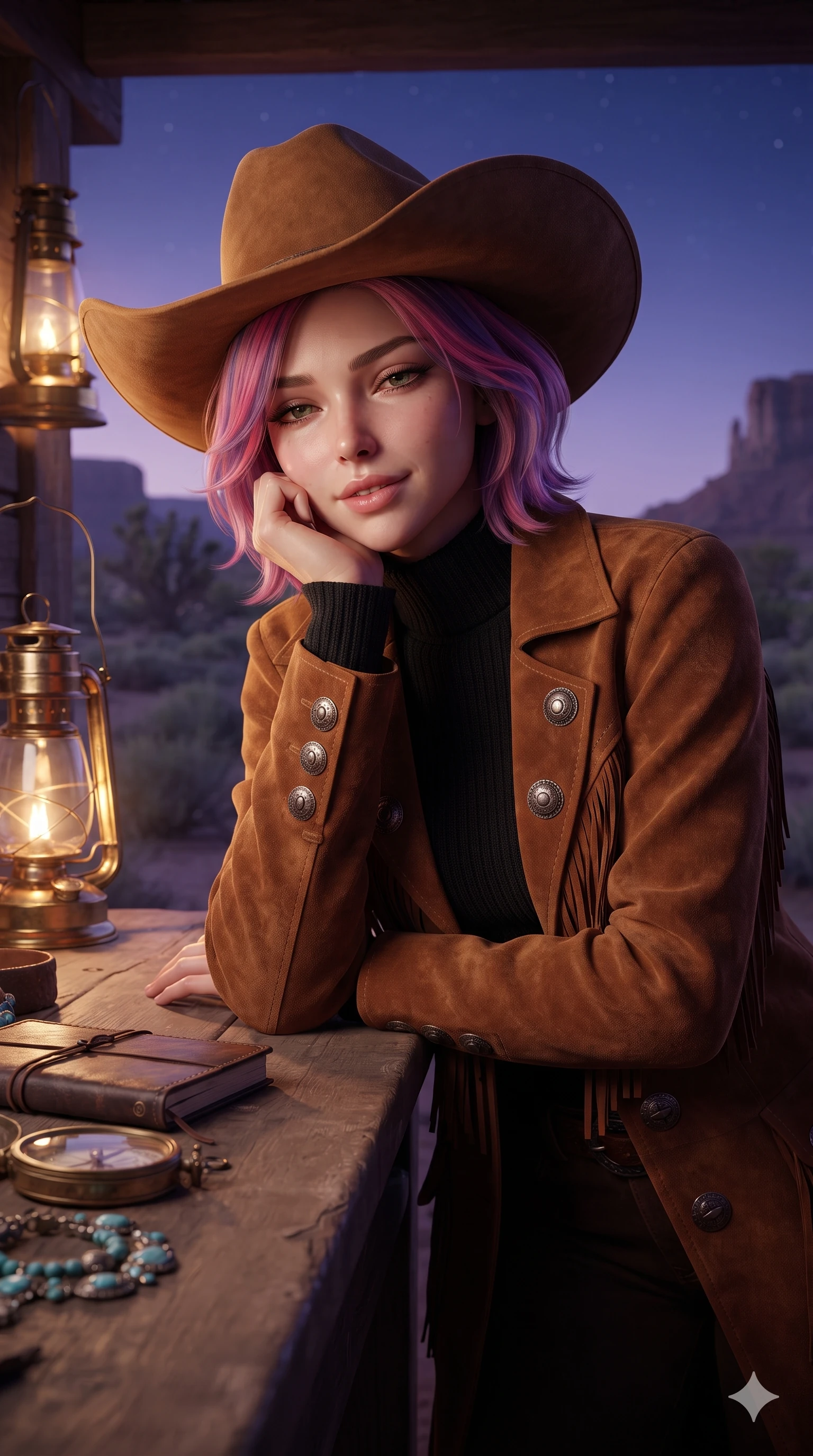 score_9, masterpiece, best quality, ultra-detailed, high-budget anime keyframe, editorial fashion photography, tasteful artistic composition, Caucasian woman. close-up cowboy shot from the waist and thighs up, the character dominates the composition, filling the frame with her large presence. resting one elbow on the workbench and supporting her chin, leaning close to the camera with heavy-lidded sparkling eyes and parted lips while sitting gracefully on the veranda edge with legs dangling over desert scrub, flashing an intoxicating smile with parted glossy lips as wind stirs the canvas. The surrounding environment is rendered in vivid detail and crisp panoramic clarity: sharp woven kilim geometric rug patterns, brass lantern wick adjustments, and weathered wood floorboard grain in deep focus. She has an exceptionally elegant, slender, and willowy female figure with an ultra-slim waist, flat toned midriff, narrow ribcage, and sculpted feminine hips creating an alluring, slim hourglass silhouette without bulk. sharp v-shaped jawline, high-bridge nose, sparkling eyes with hypnotic seductive depth, thick curled eyelashes, glossy parted lips with a natural dewy peach sheen, alluring bedroom-eyes with an enchanting coquettish smile, exuding magnetic siren charisma and sophisticated glamour, flawlessly proportioned anatomical accuracy, strict slender model proportions, natural body alignment, perfectly sculpted long slender limbs, ultra-slim waistline, clean dynamic posture without body distortion. wearing a tailored Western duster coat with silver concho buttons and structured lapels layered over a modest high-neck knit in rich cognac suede and antique silver concho hardware, crafted from supple double-faced desert suede with an exceptionally soft matte finish, finished with a wide-brimmed felt cowboy hat tipped back to frame her face and long glossy hair, the bespoke structured tailoring following the natural line of her 8.5-heads silhouette with refined elegance. bathed in the warm, romantic 2200K ambient light of brass kerosene lanterns mixed with the soft purple glow of early nightfall. ultra-reflective glossy finish, specular highlights, rich textural contrasts, high-contrast stereoscopic depth, volumetric dynamic lighting, 2k, ultra detail, master piece, 9:16 ratio