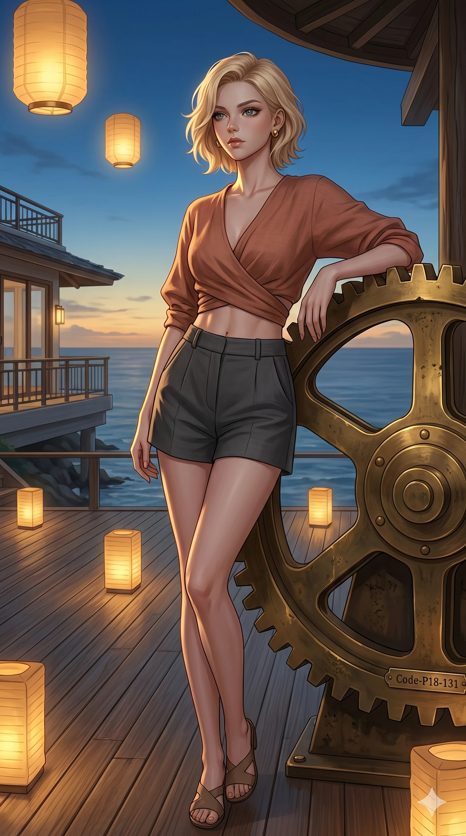 score_9, masterpiece, best quality, ultra-detailed, high-budget anime keyframe, editorial fashion photography, tasteful artistic composition, Caucasian woman, strictly human ears. cowboy shot from the thighs up, character and outfit filling the frame for maximum editorial presence. leaning against a giant gear wheel, looking past the camera with quiet intensity on a private teak deck of a luxury beach villa overlooking the ocean (Code-P18-131). She has an absolutely perfect 8-heads proportion, an exceptionally tall and slender female figure with impossibly long slender legs and an ultra-slim waist. V-shaped jawline, high-bridge nose, intricate jewel-like eyes with depth, thick eyelashes, glossy lips with a natural sheen. wearing a wrap top exposing her sculpted midriff and tailored shorts. warm golden light from the floating lanterns, tracing the elegant curves of her neck. 2k, ultra detail, master piece, 9:16 ratio