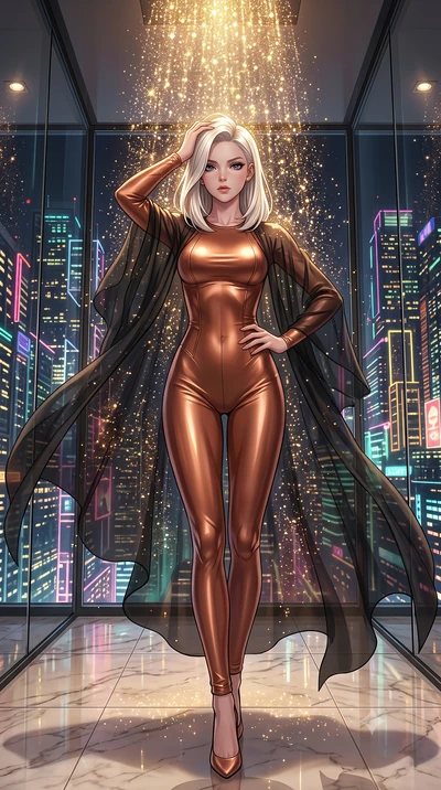 score_9, masterpiece, best quality, ultra-detailed, High-budget Anime Keyframe, Caucasian woman, strictly human ears. Low angle cowboy shot filling the entire 9:16 frame with her statuesque presence. Scenario 487: showering under a cascade of glitter