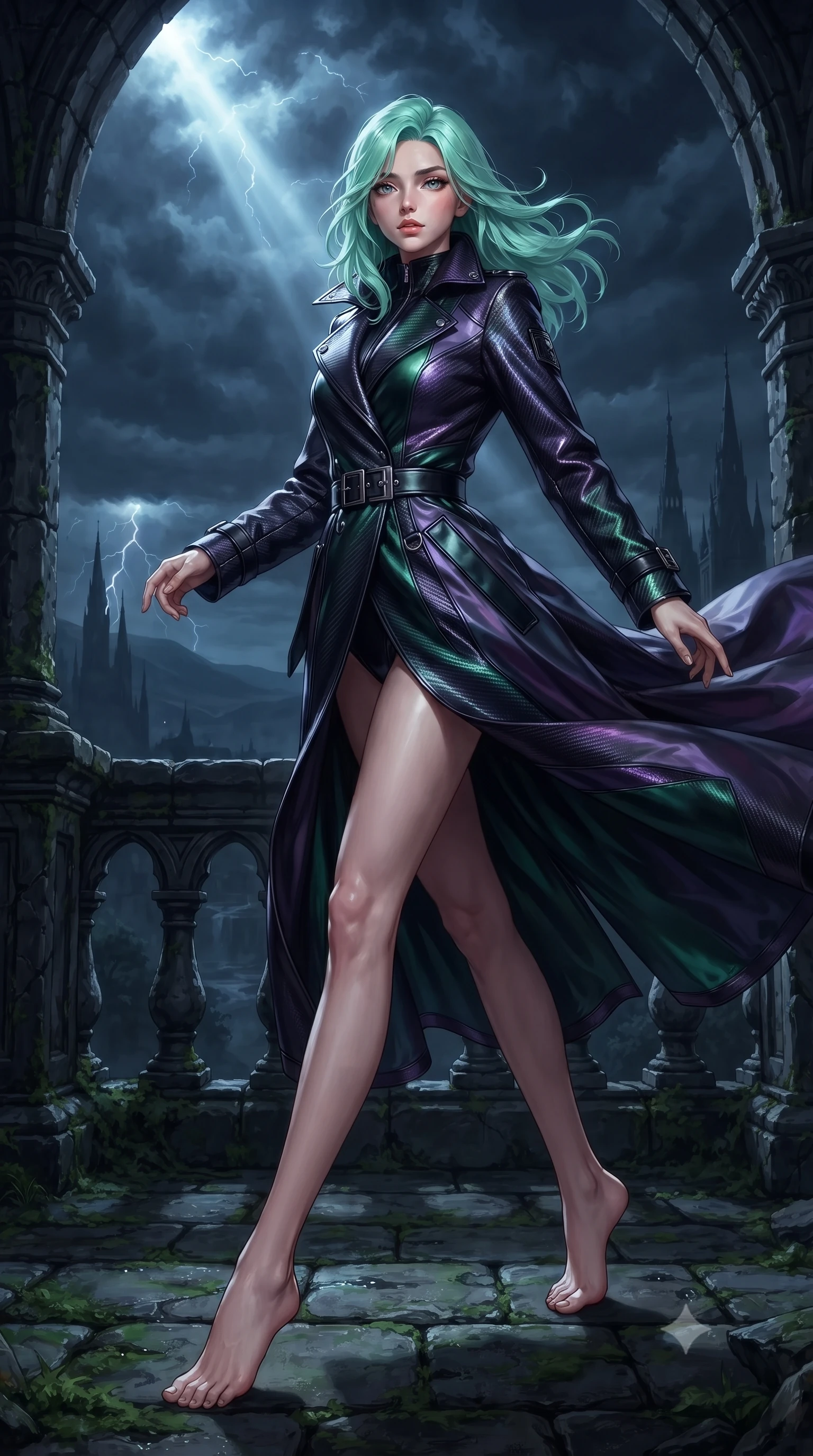 score_9, masterpiece, best quality, ultra-detailed, high-budget anime keyframe, editorial fashion photography, tasteful artistic composition, Japanese woman. low angle full-body shot from head to toe showing her feet, filling the entire 9:16 vertical frame with her statuesque presence, stretching her vertical silhouette. navigating the midnight sanctuary with an effortless, graceful stride, standing on a dark gothic stone balcony overlooking a stormy midnight countryside, cool night wind whipping her attire in dynamic statuesque motion. She has an absolutely perfect, statuesque 8.5-heads proportion, an exceptionally tall and slender model-like female figure with impossibly long slender legs and an ultra-slim waist. sharp v-shaped jawline, high-bridge nose, intricate jewel-like eyes with depth, thick eyelashes, glossy lips with a natural sheen. wearing second-skin matte carbon-fiber combat suit in onyx black in deep emerald green, made of iridescent dark violet taffeta, adorned with minimalist black onyx hardware framing the silhouette, contouring every curve with an exceptionally elegant silhouette. lit by intense nocturnal key ray slicing through stormy midnight fog. ultra-reflective glossy finish, specular highlights, metallic sheen, high-contrast stereoscopic depth, volumetric dynamic lighting, 2k, ultra detail, master piece, 9:16 ratio