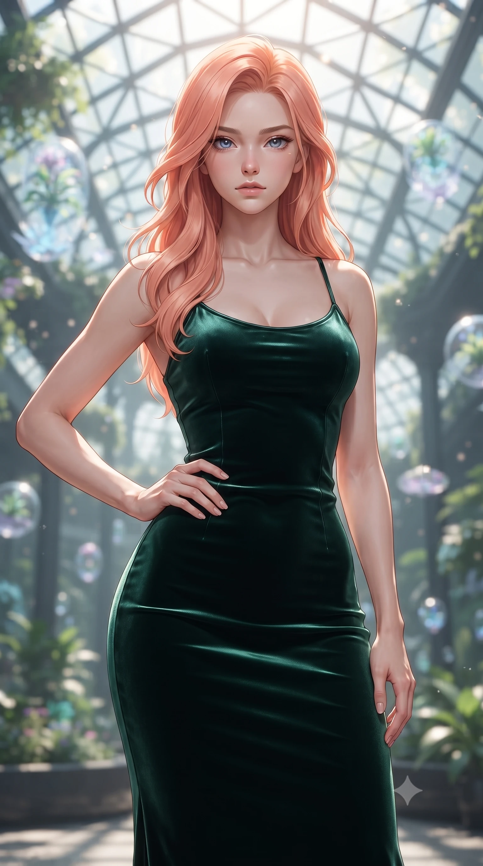 score_9, masterpiece, best quality, ultra-detailed, high-budget anime keyframe, editorial fashion photography, tasteful artistic composition, Japanese woman woman. close-up cowboy shot from the waist and thighs up, the character dominates the composition, filling the frame with her large presence, background elements kept in soft focus. She has an exceptionally elegant, slender, and willowy female figure with an ultra-slim waist, a gracefully sculpted slender torso, and a refined silhouette. holding a confident power pose with one hand on her hip, looking directly into the camera with quiet self-assurance, flawlessly proportioned anatomical accuracy, natural body alignment, perfectly sculpted elegant limbs, clean dynamic posture without body distortion. set against a soft-focus background of a futuristic botanical pavilion with floating hologram plants. wearing a fitted dark emerald velvet slip dress with a smooth liquid sheen and delicate straps. bathed in dappled morning sunlight filtering through glass roof grid structures. ultra-reflective glossy finish, specular highlights, metallic sheen, high-contrast stereoscopic depth, volumetric dynamic lighting, 2k, ultra detail, master piece, 9:16 ratio