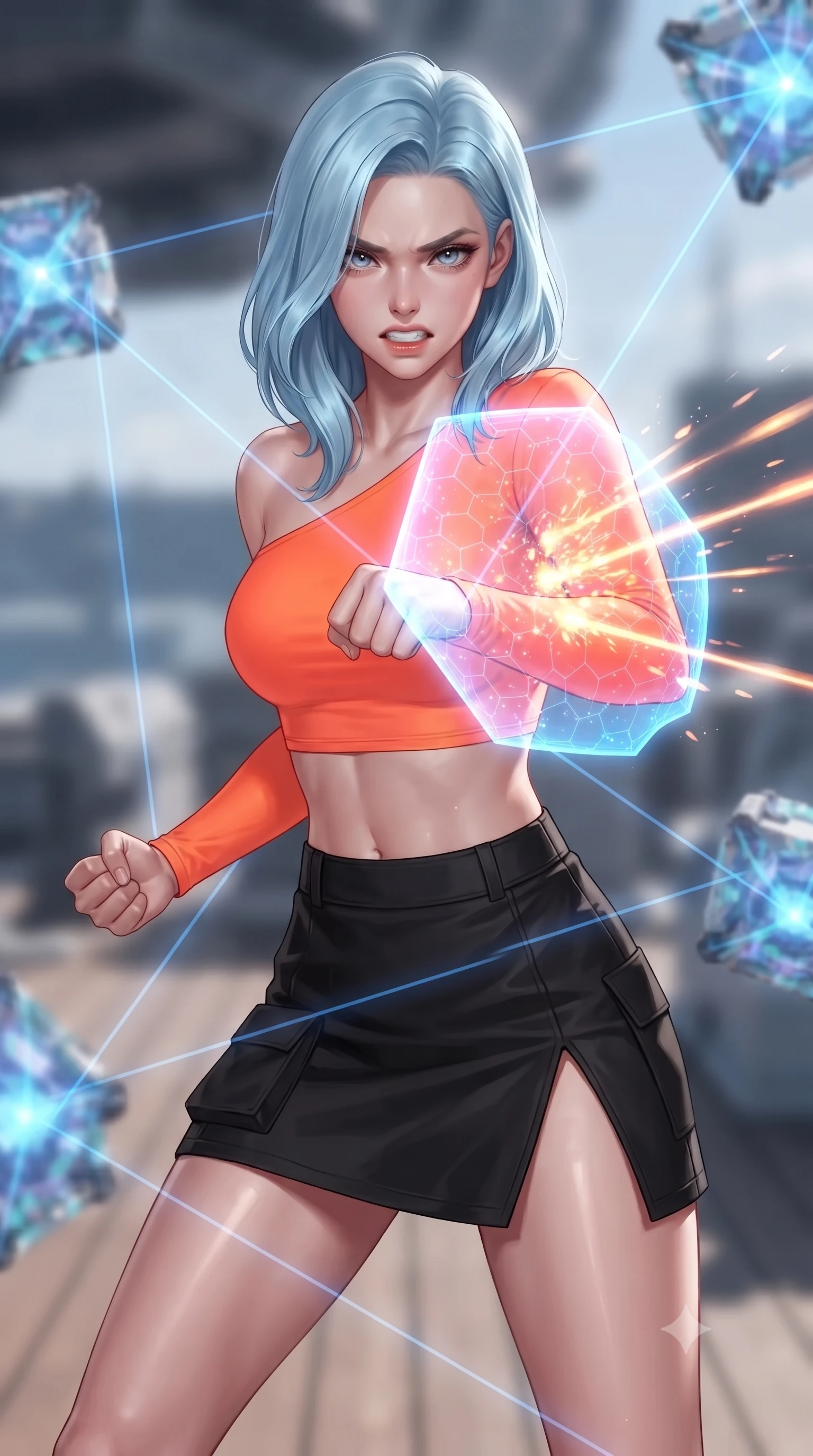 score_9, masterpiece, best quality, ultra-detailed, high-budget anime keyframe, editorial fashion photography, tasteful artistic composition, realistic cosplay photography, Korean woman. close-up cowboy shot from the waist and thighs up, the character dominates the composition, filling the frame with her large presence, background elements kept in soft focus. Deflecting incoming plasma bolts with a glowing energy shield attached to her forearm, teeth grit in determination. set against a soft-focus background of an outdoor deck on a station, surrounded by rotating power storage modules and laser links. She has an exceptionally elegant and slender, willowy female figure with an ultra-slim waist, a gracefully sculpted slender torso, and a refined slim physique. sharp v-shaped jawline, high-bridge nose, intricate jewel-like eyes with depth, thick eyelashes, glossy lips with a natural sheen. wearing catching and diffusing the glowing particles, shimmering softly in response to the surrounding light, a slim-fit asymmetric one-sleeve crop top in neon orange, paired with a black utility mini skirt featuring a high side slit. blue laser links casting geometric lines across her outline. ultra-reflective glossy finish, specular highlights, metallic sheen, high-contrast stereoscopic depth, volumetric dynamic lighting, 2k, ultra detail, master piece, 9:16 ratio