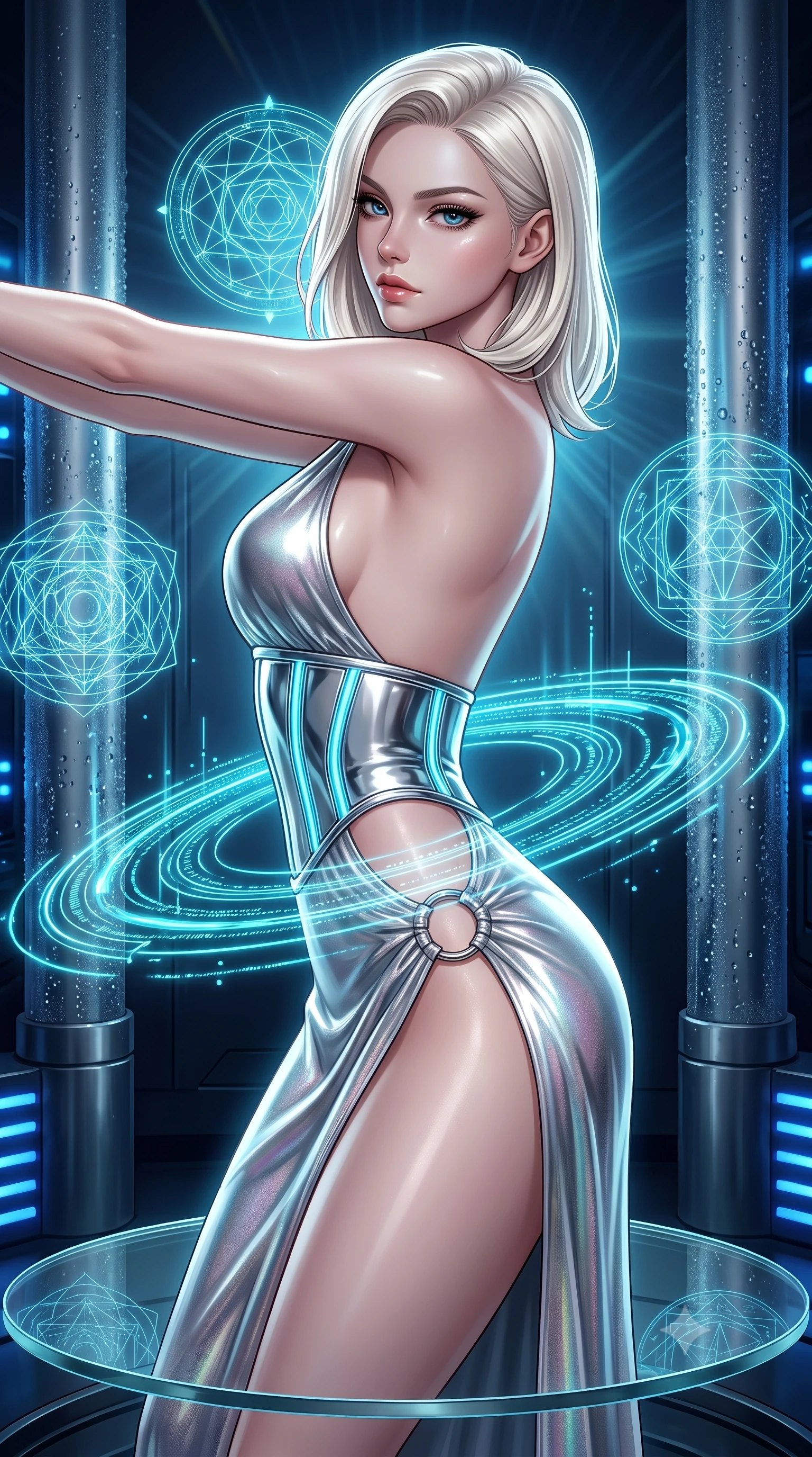 score_9, masterpiece, best quality, ultra-detailed, high-budget anime keyframe, editorial fashion photography, tasteful artistic composition, Caucasian woman. close-up cowboy shot from the waist and thighs up, the character dominates the composition, filling the frame with her large presence. stretching forward with an alluring arch of her spine, glancing over her shoulder with divine self-assurance and magnetic intensity while pivoting dynamically on a circular glass platform as pulsing quantum data streams create swirling holographic rings around her waist. The surrounding environment is rendered in vivid detail and crisp panoramic clarity. crisp holographic geometric mandala glyphs, cryo-pipe condensation beads, and deep blue LEDs in high clarity. She has an exceptionally elegant, slender, and willowy female figure with an ultra-slim waist, a gracefully sculpted slender torso, toned flat midriff, and a refined slim silhouette. sharp v-shaped jawline, high-bridge nose, intricate jewel-like eyes with depth, thick eyelashes, glossy lips with a natural sheen, flawlessly proportioned anatomical accuracy, strict slender model proportions, natural body alignment, perfectly sculpted long slender limbs, ultra-slim waistline, clean dynamic posture without body distortion. wearing a backless molten silver liquid-metal gown with a high-cut side slit and precision-fitted waist boning in polished mirror chrome and glowing electric cyan neon, crafted from delicate iridescent organza interwoven with luminescent micro-fibers, detailed with polished silver rings connecting the daring side-waist cutouts, the precision-cut daring openings accentuating her delicate midriff, graceful bare collarbones, and ultra-slim feminine waistline. surrounded by an omniscient, divine, and radiantly transcendent digital muse aura. ultra-reflective glossy finish, specular highlights, dark metallic sheen, high-contrast stereoscopic depth, volumetric dynamic lighting, 2k, ultra detail, master piece, 9:16 ratio