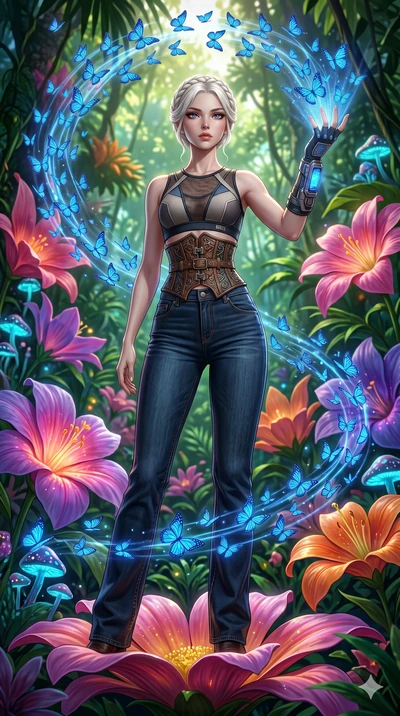 score_9, masterpiece, best quality, ultra-detailed, Set A: Photorealistic 8k CG, Japanese woman. Low angle cowboy shot filling the entire 9:16 frame with her statuesque presence. Commandering a swarm of holographic butterflies in a lush jungle of gia